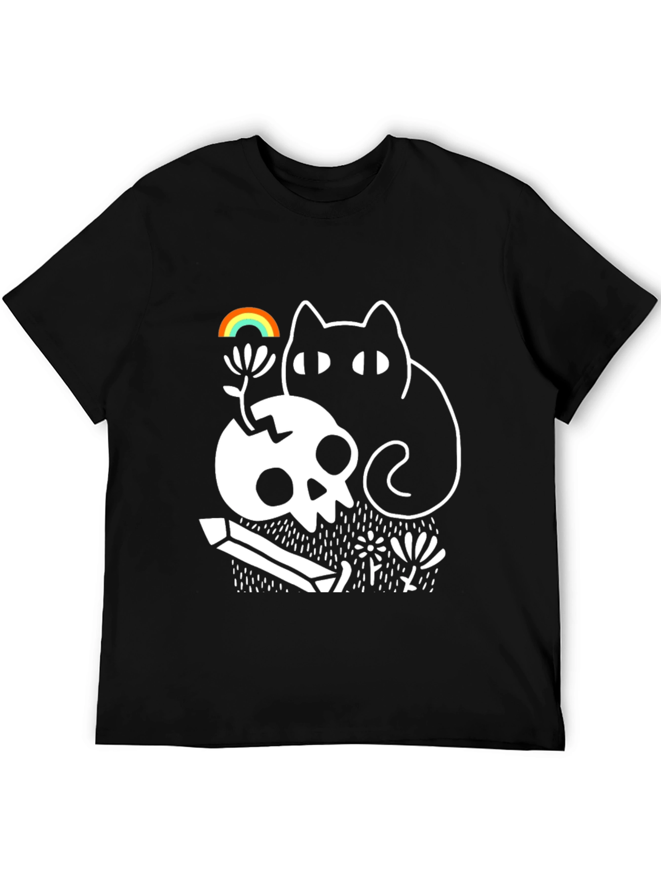 Black Gothic Whimsical Cat & Skull Graphic Tee view 5