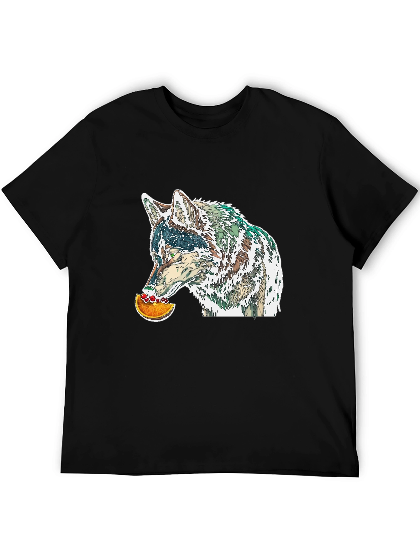 Black Wolf Eating Orange Graphic Tee - Casual Black T-Shirt view 5