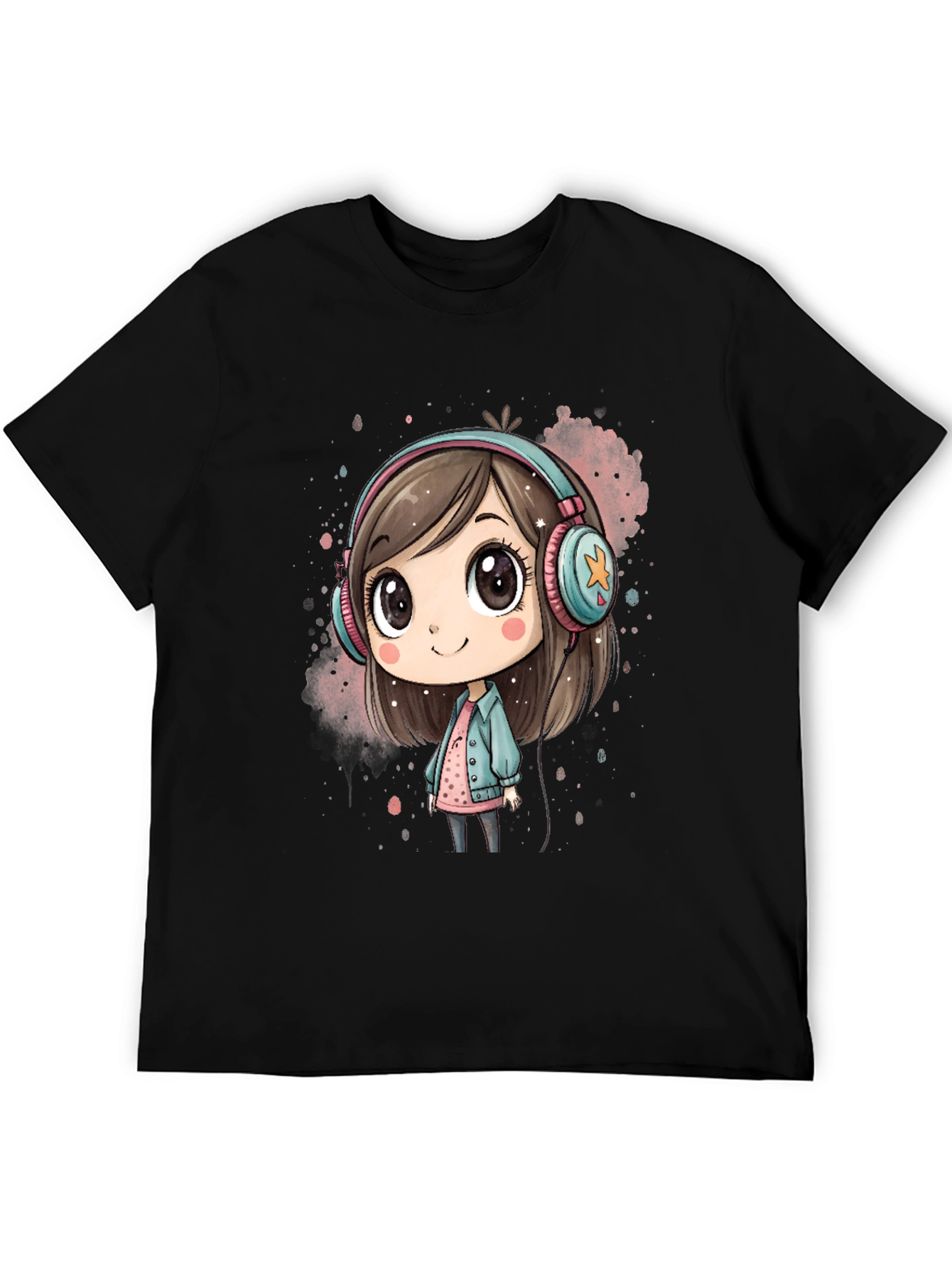 Black Cute Cartoon Girl Headphones Black T-Shirt view 5