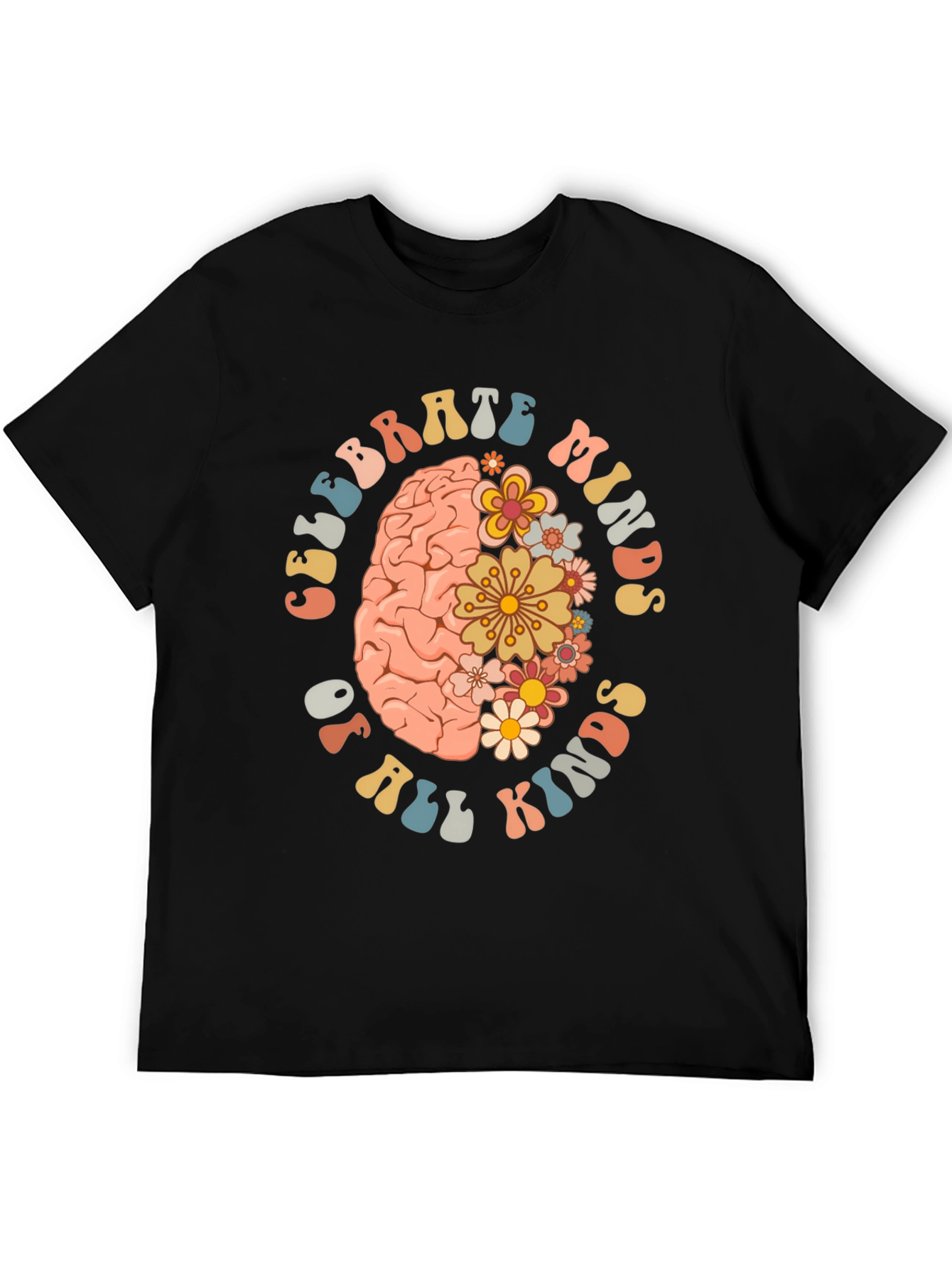 Black Celebrate Minds T-Shirt - Floral Brain Design view 5