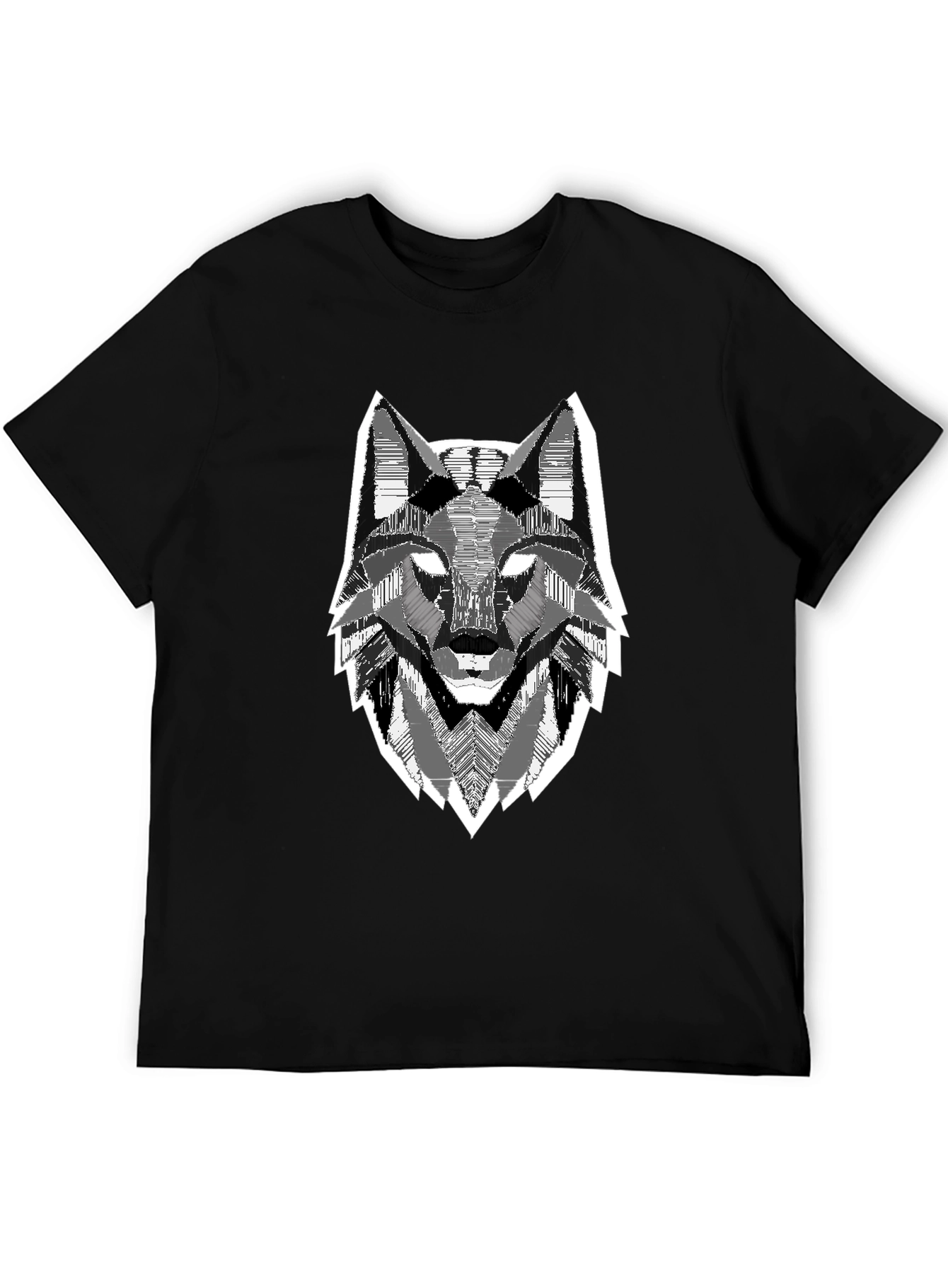 Black Geometric Wolf Head Graphic Print Black T-Shirt view 5