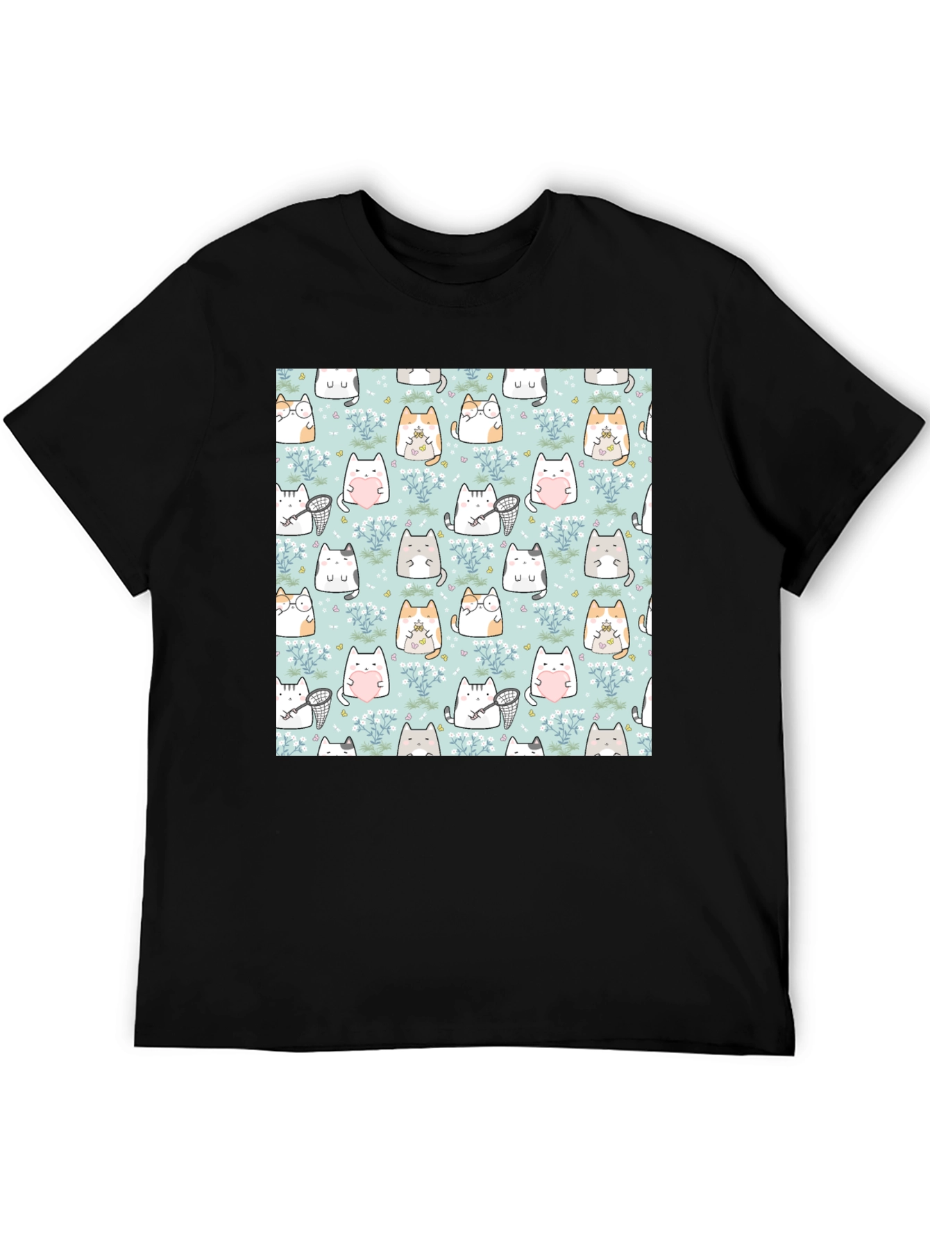 Black Cute Cat Pattern T-Shirt | Black view 5