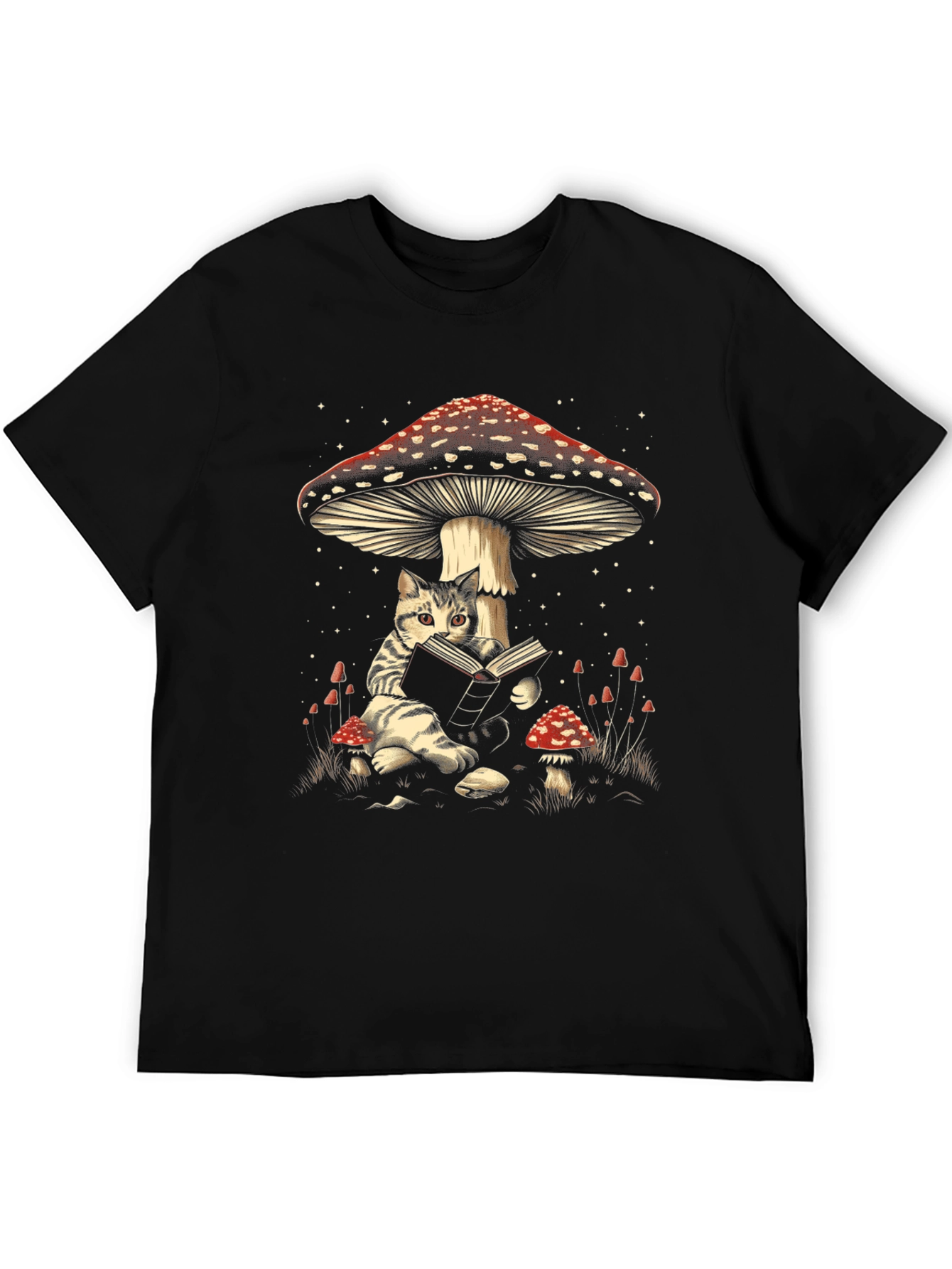 Black Cat Reading Under Mushroom T-Shirt view 5