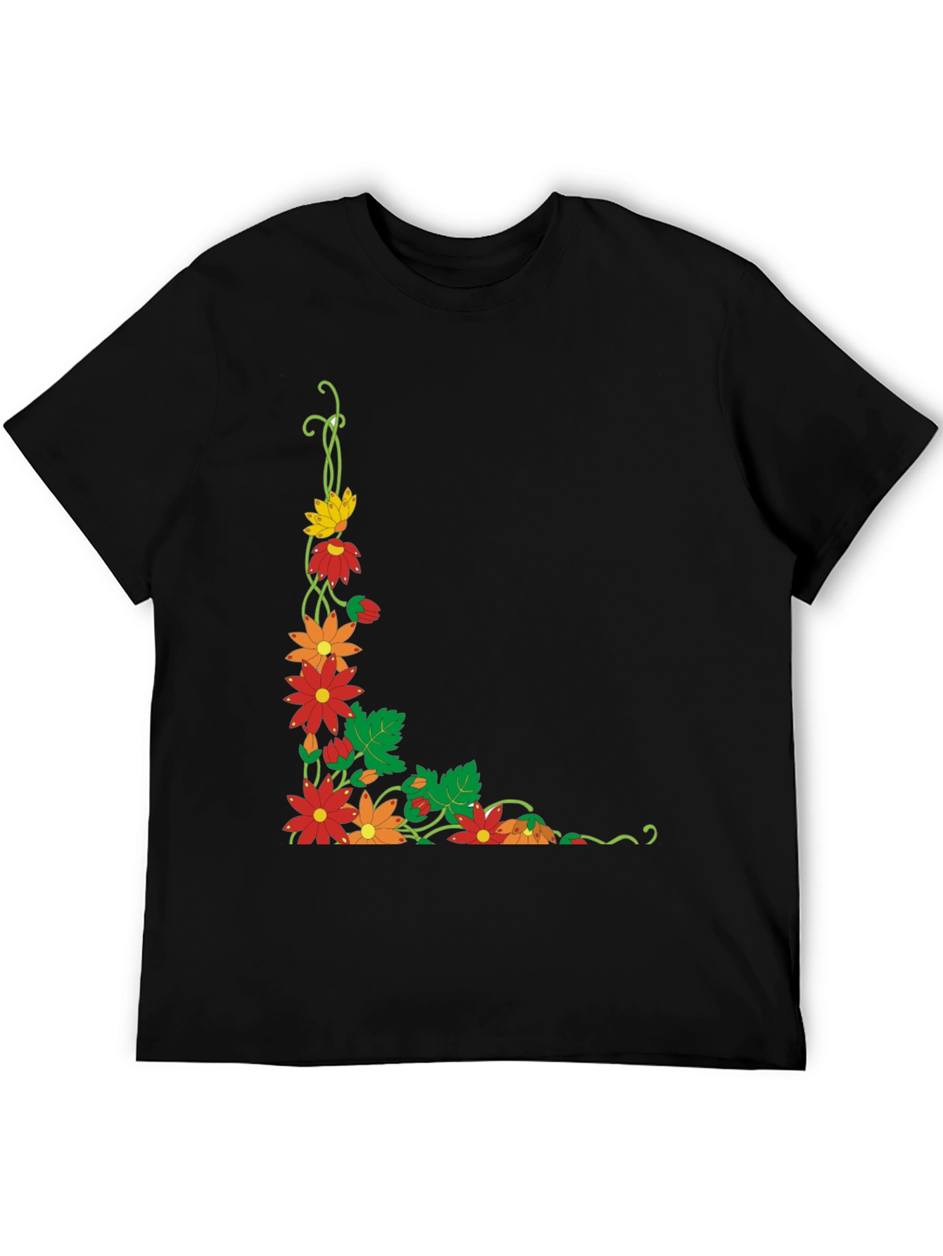 Black Floral Corner Design Black T-Shirt view 5