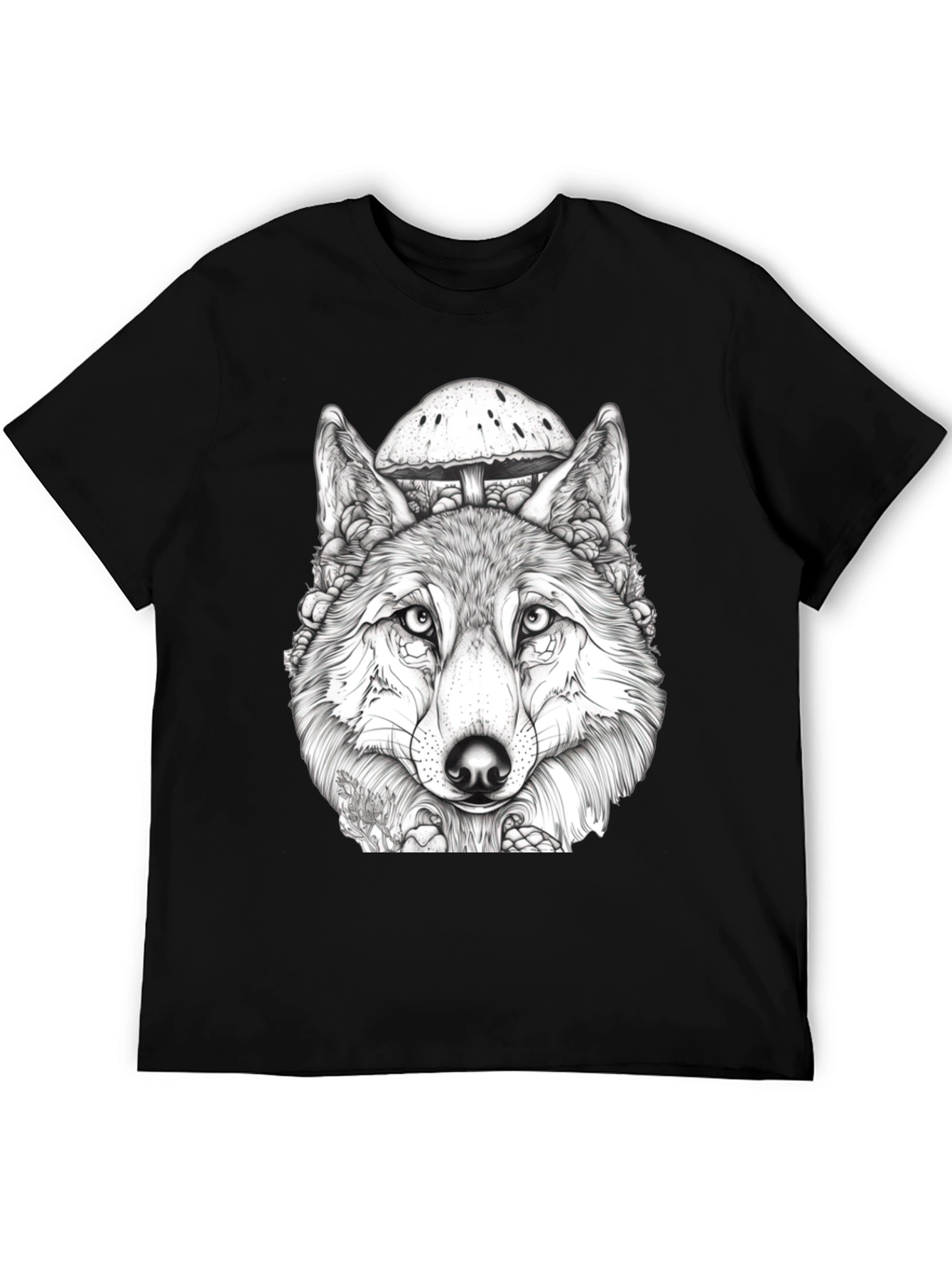 Black Wolf & Mushroom Graphic Tee - Unisex Black T-Shirt view 5