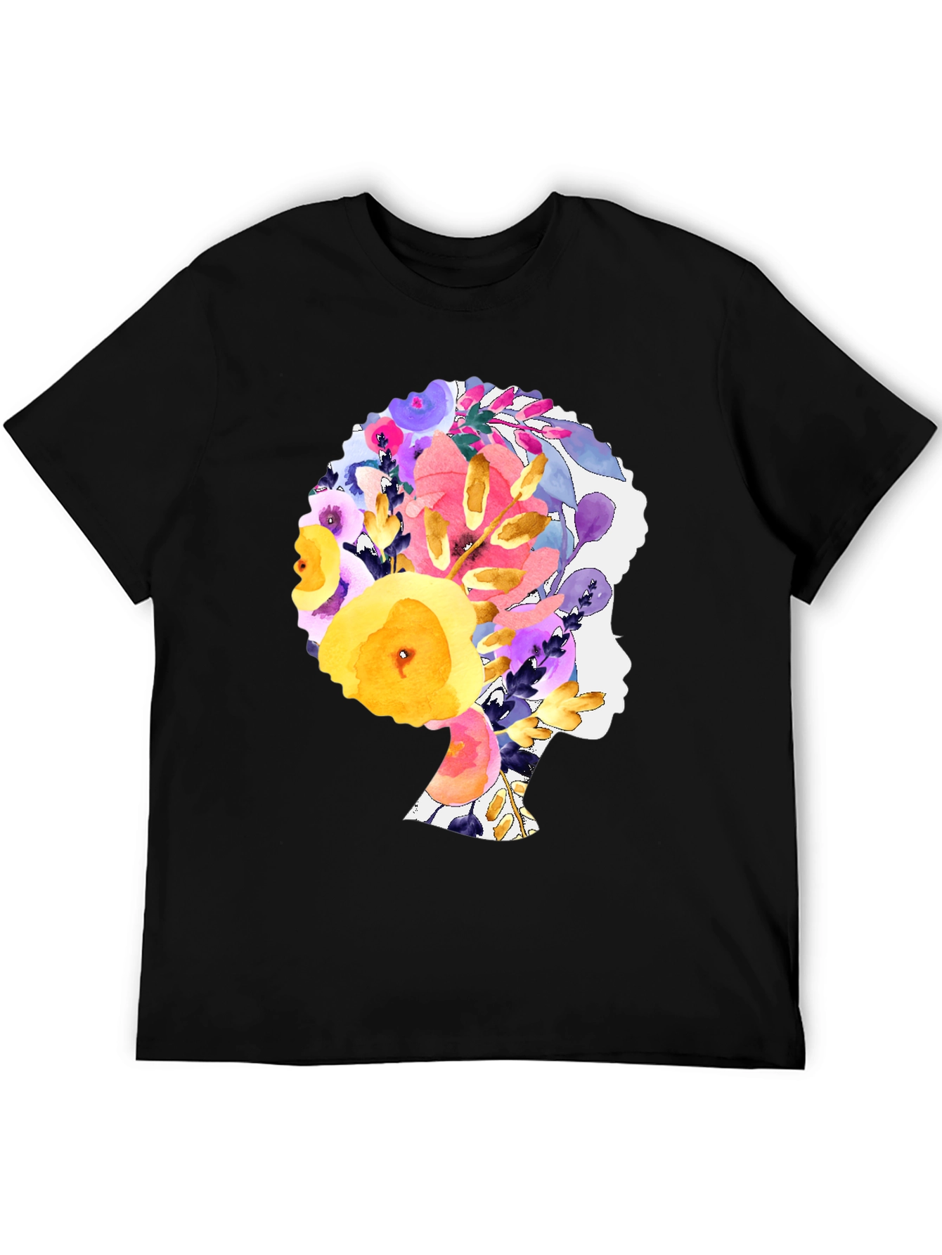 Black Floral Afro Woman Black T-Shirt view 5