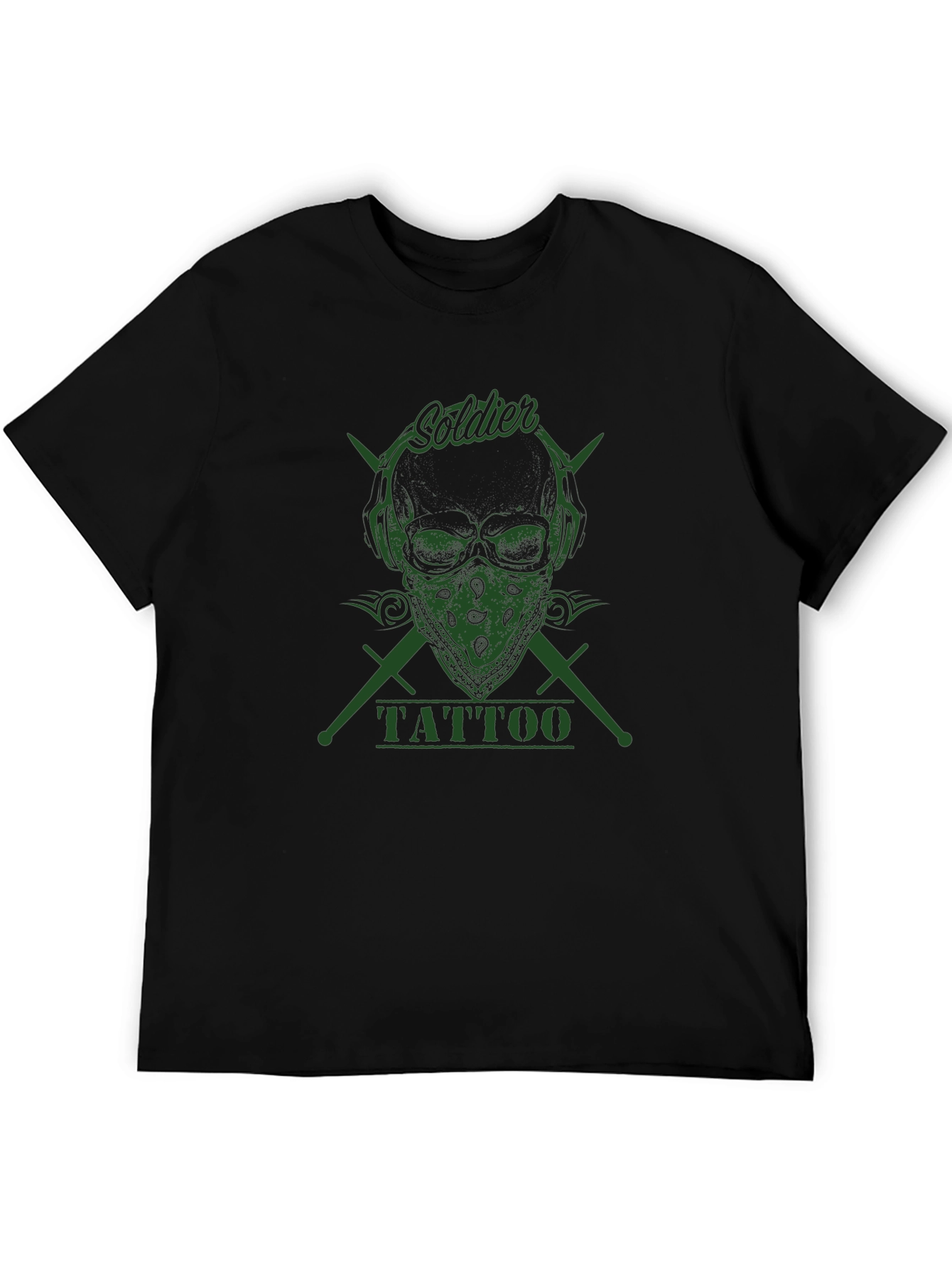Black Skull Tattoo Graphic Tee - Soldier Design - Men's Black T-Shirt view 5