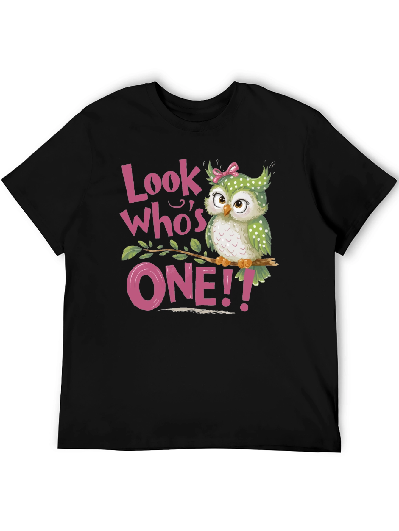 Black Look Who's One! Baby's 1st Birthday Owl T-Shirt view 5