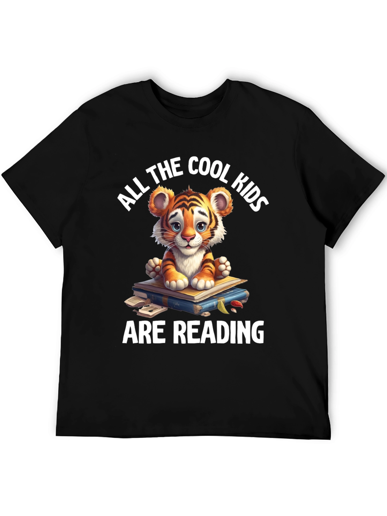 Black Cute Tiger Cub Reading T-Shirt view 5