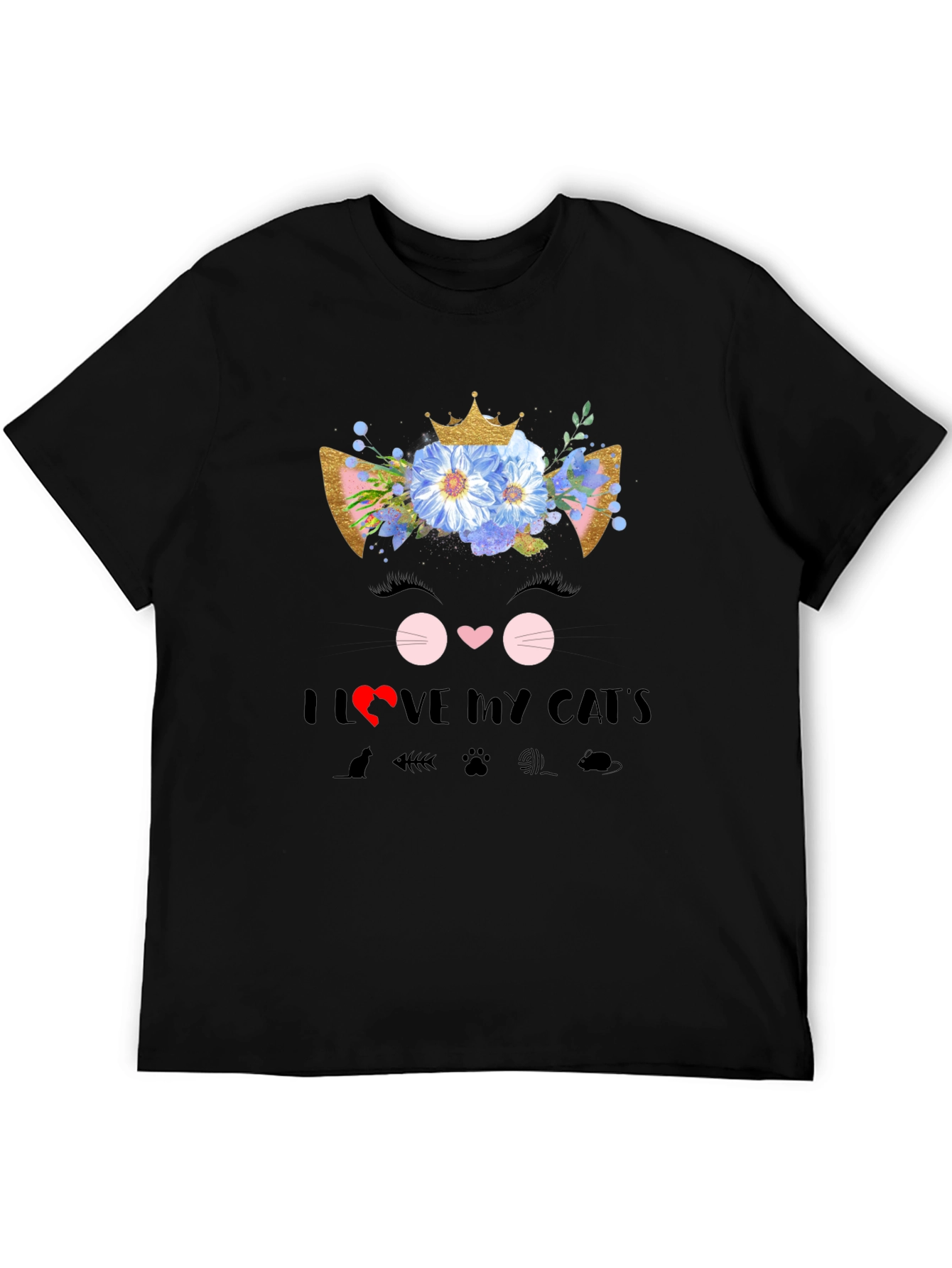 Black I Love My Cat T-Shirt - Floral Cat Design view 5