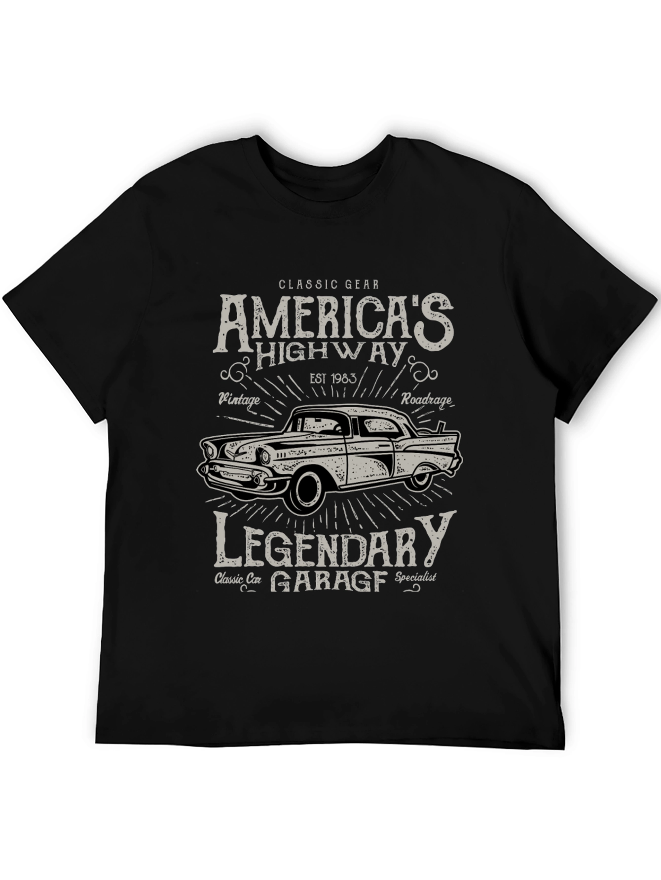 Black Classic Car Garage Tee - America's Highway T-Shirt view 5