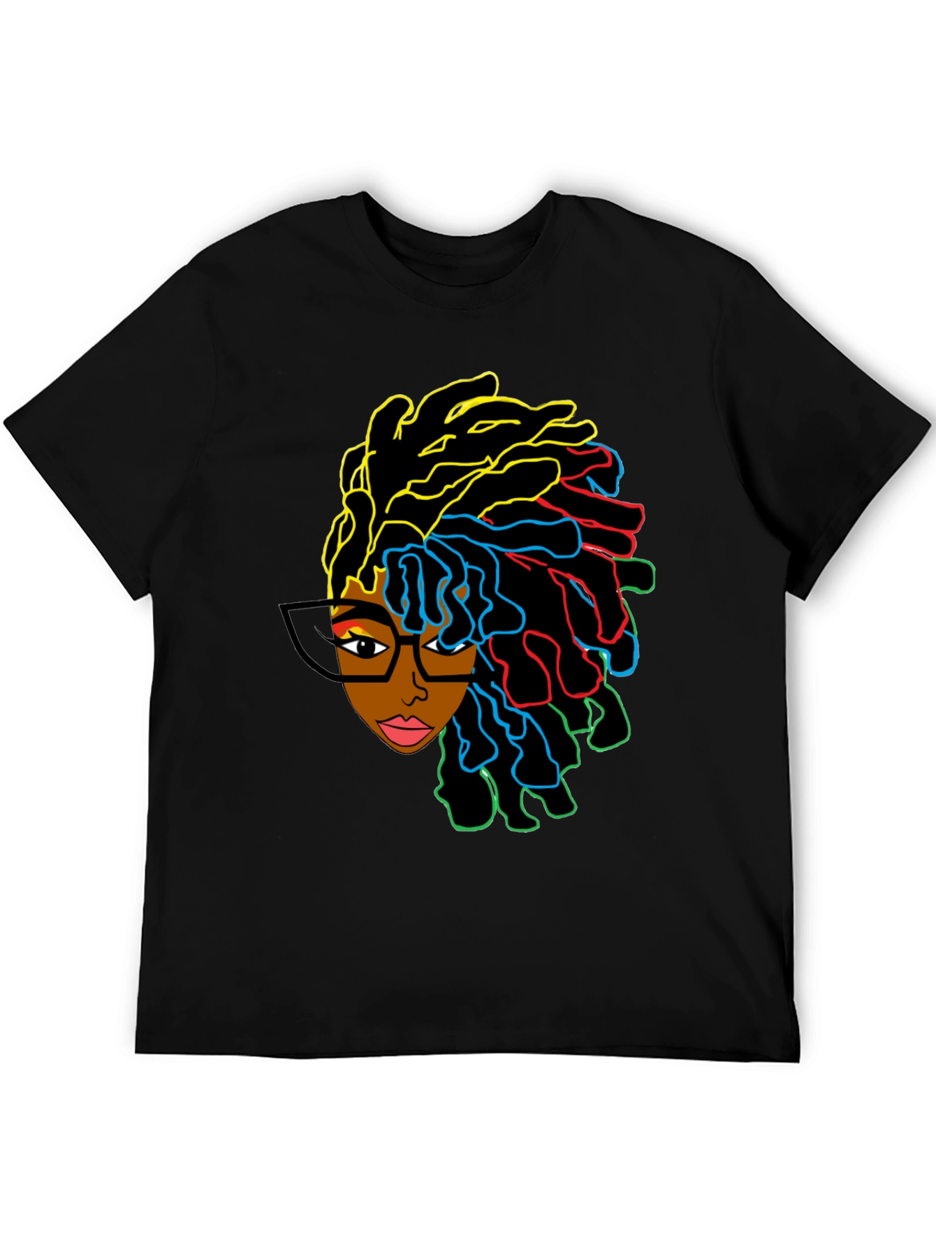Black Stylish Graphic Tee - Afro Woman with Colorful Dreadlocks view 5