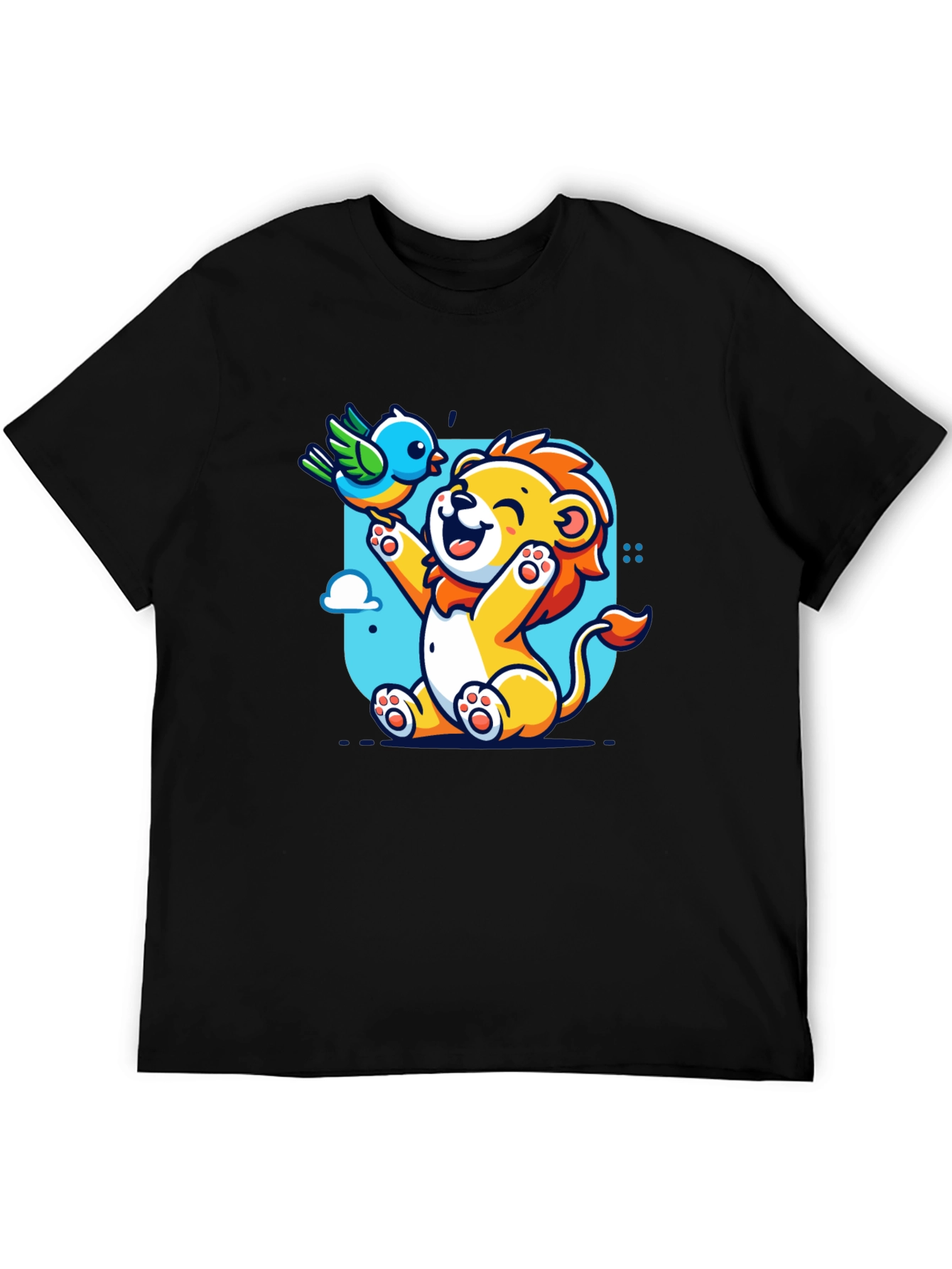 Black Cartoon Lion & Bird Graphic T-Shirt view 5