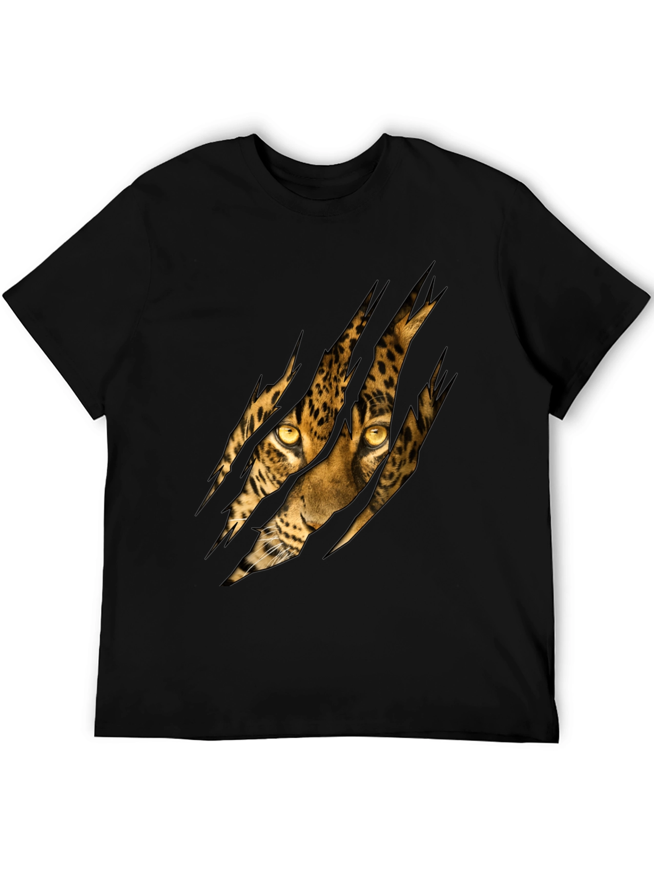 Black Men's Black T-Shirt with Ripped Leopard Design view 5