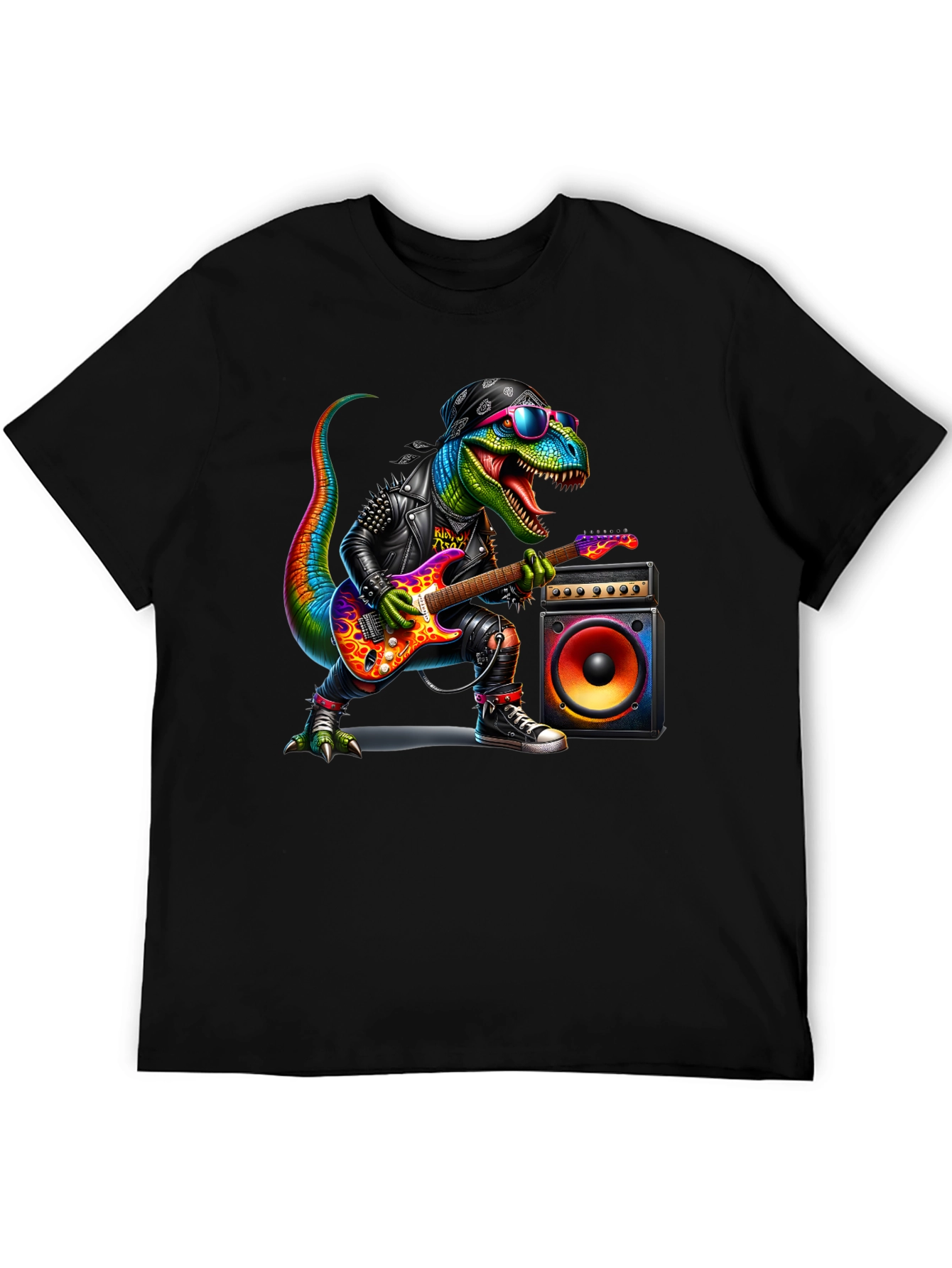 Black Rockin' Rex T-Shirt - Dinosaur Guitarist view 5