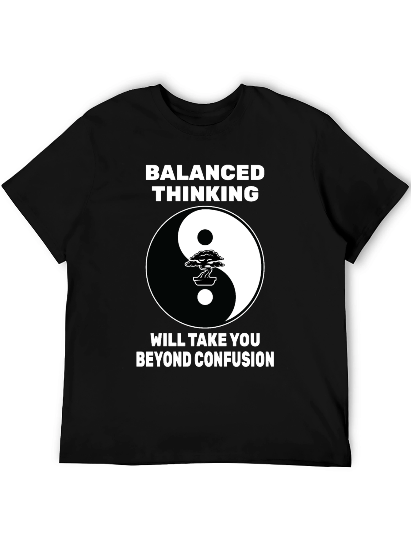 Black Balanced Thinking Yin Yang Bonsai Tree Graphic T-Shirt view 5