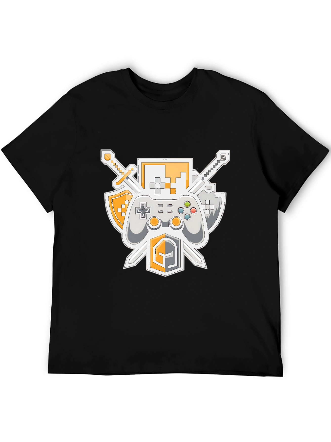 Black Gamer's Crest T-Shirt - Swords, Controller, & Shield Design view 5