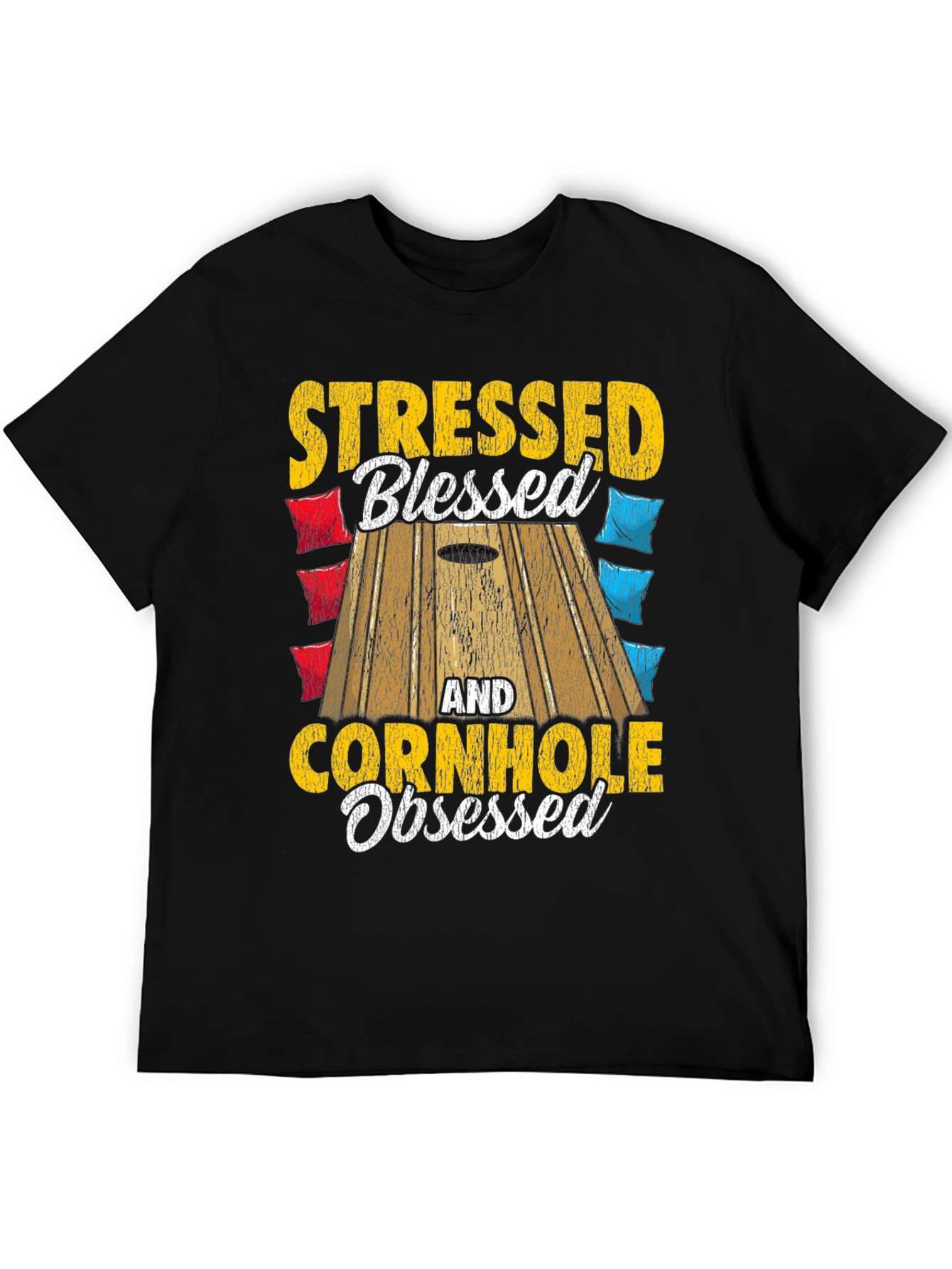 Black Stressed Blessed Cornhole Obsessed Graphic Tee view 5