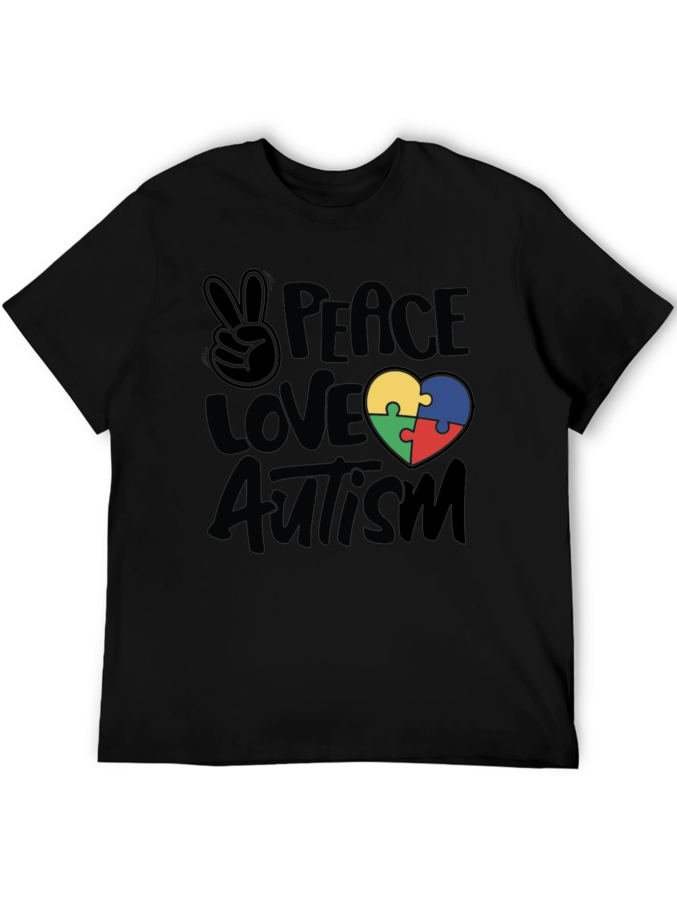 Black Peace Love Autism Puzzle Heart T-Shirt view 5