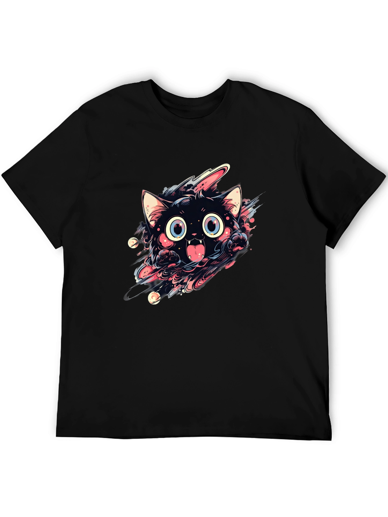 Black Cartoon Cat Graphic Black T-Shirt view 5