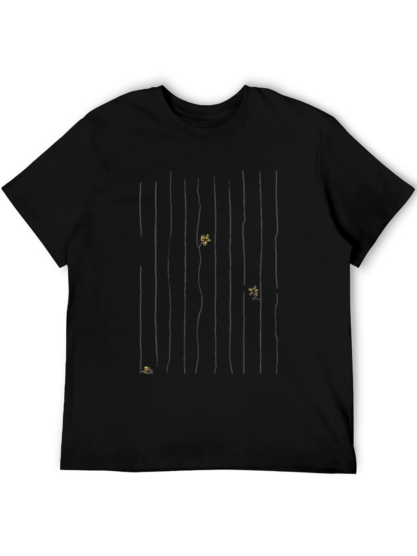 Black Men's Black Crew Neck T-Shirt with Gold Floral Accents view 5