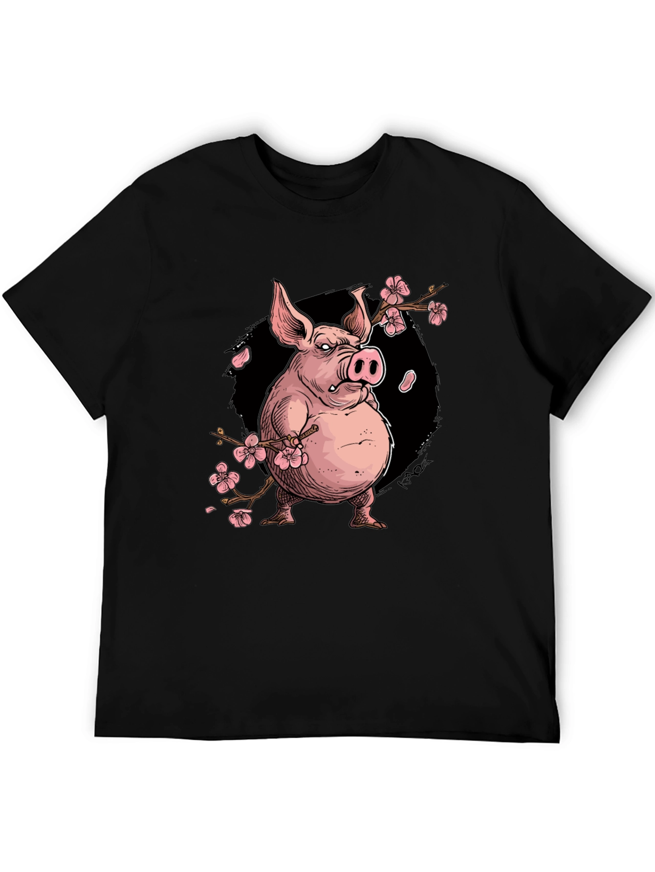 Black Pig with Cherry Blossoms Graphic T-Shirt view 5