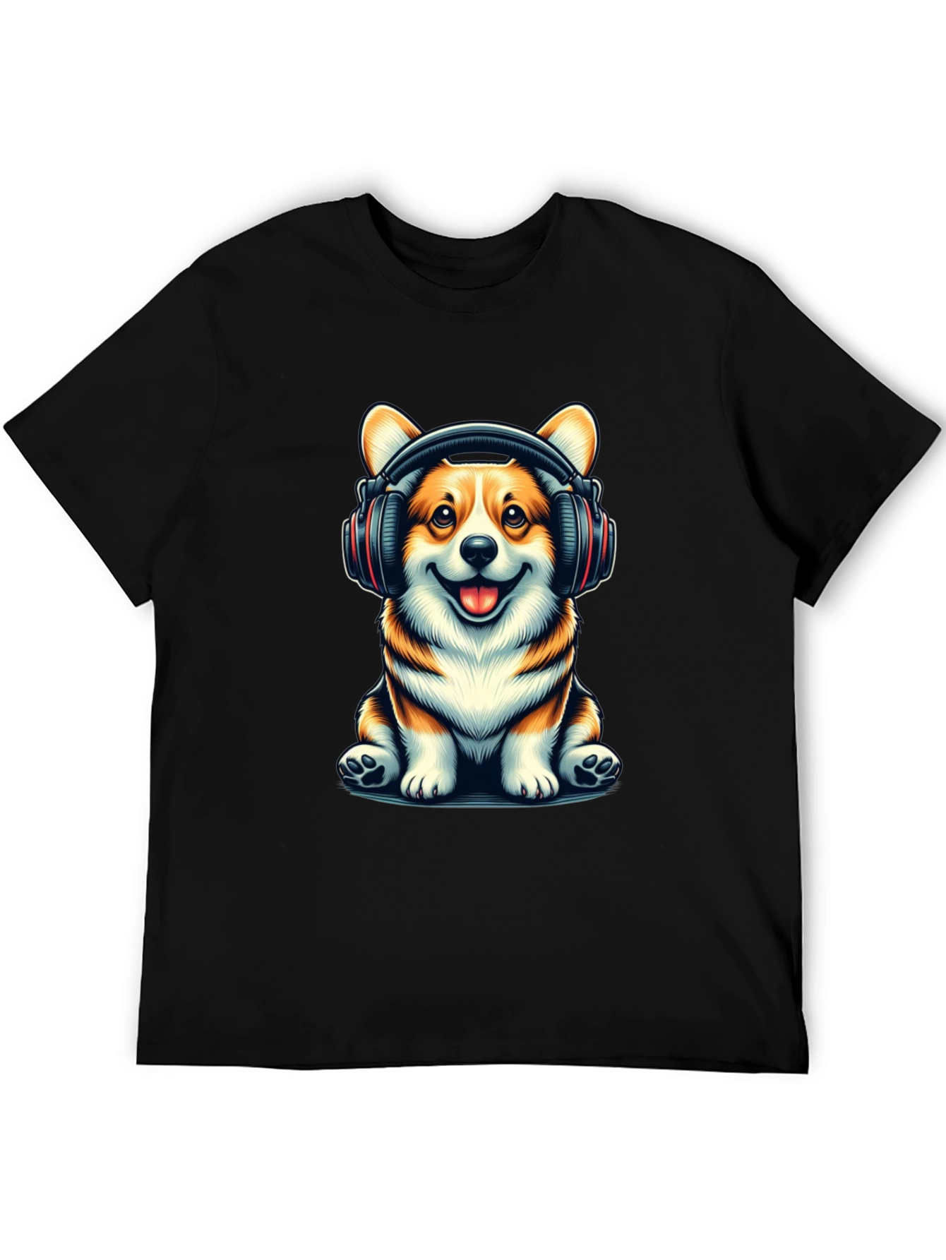 Black Corgi Headphones Graphic T-Shirt view 5