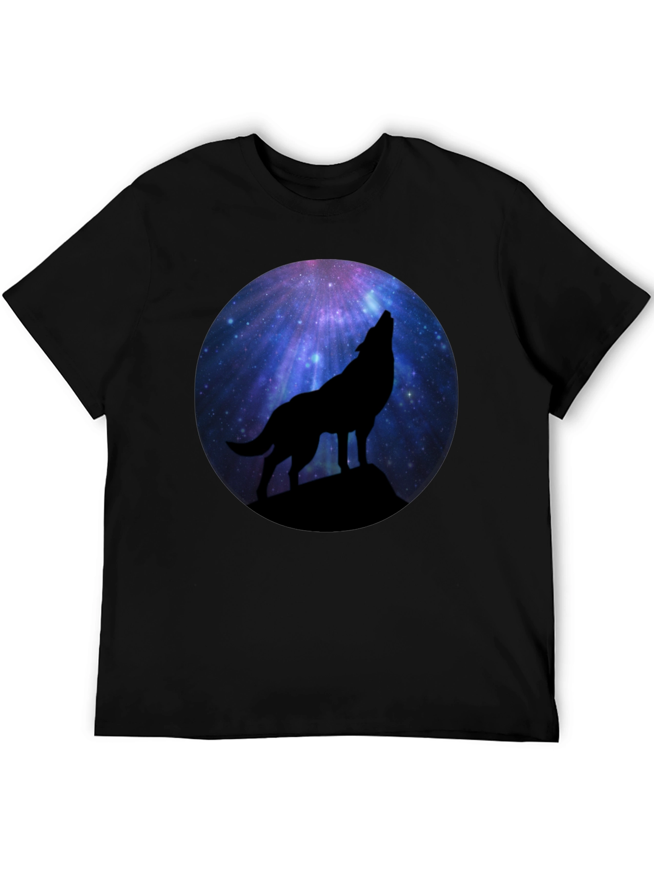 Black Wolf Howling at Galaxy Moon Men's Black T-Shirt view 5