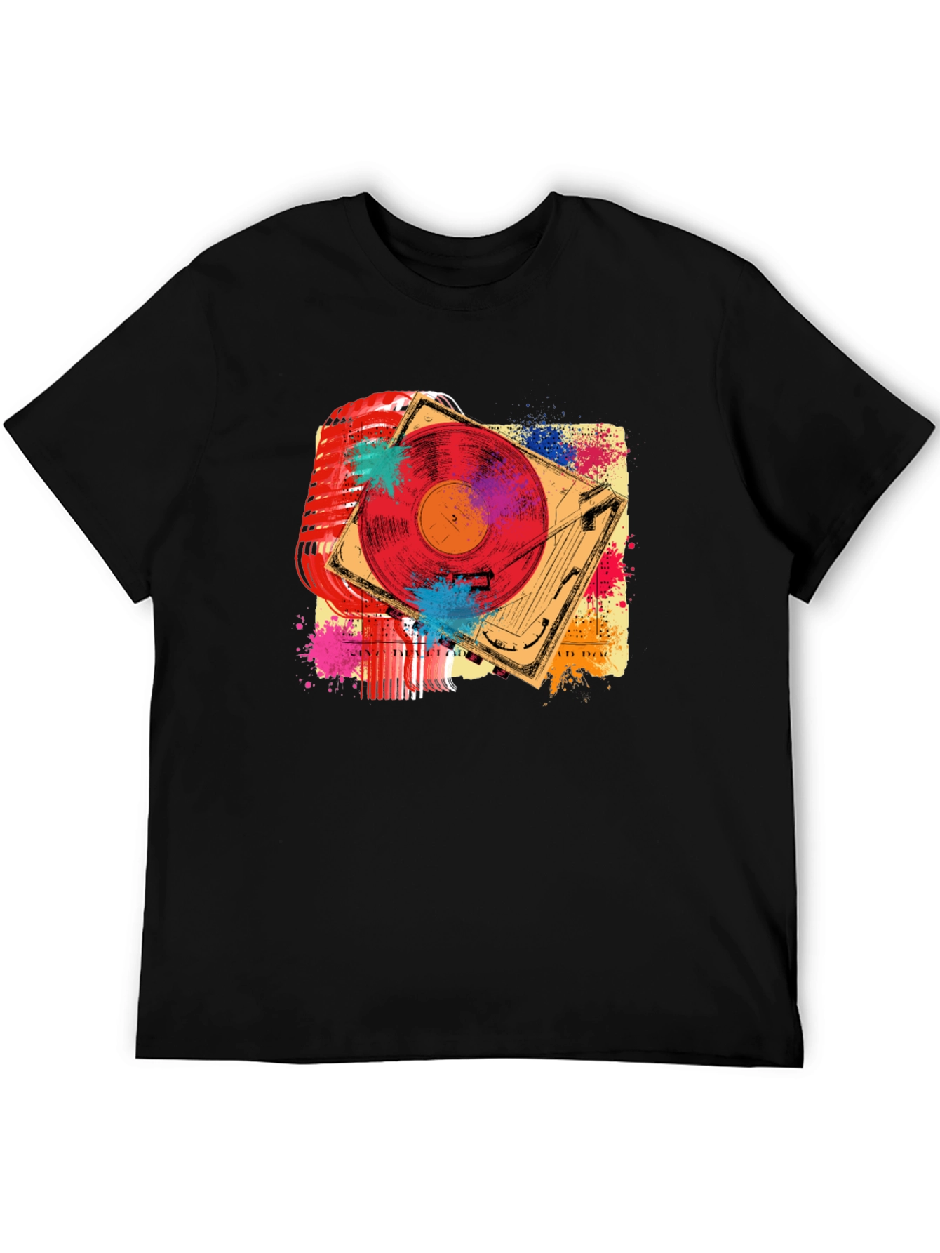 Black Retro Music T-Shirt - Microphone & Turntable Design view 5