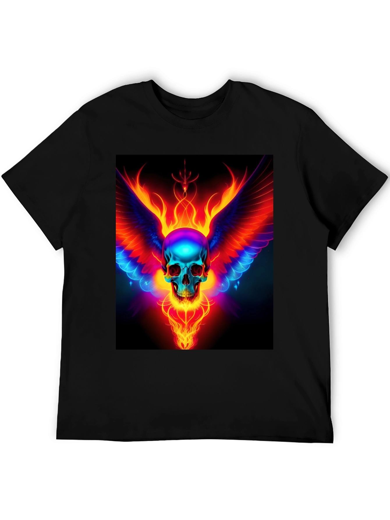 Black Flaming Skull Wings Graphic Black T-Shirt view 5