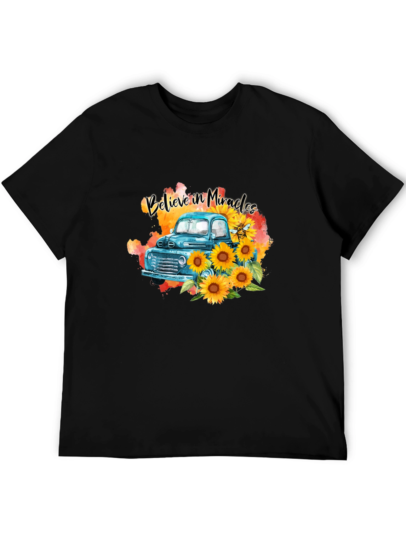 Black Believe in Miracles Sunflower Truck T-Shirt view 5