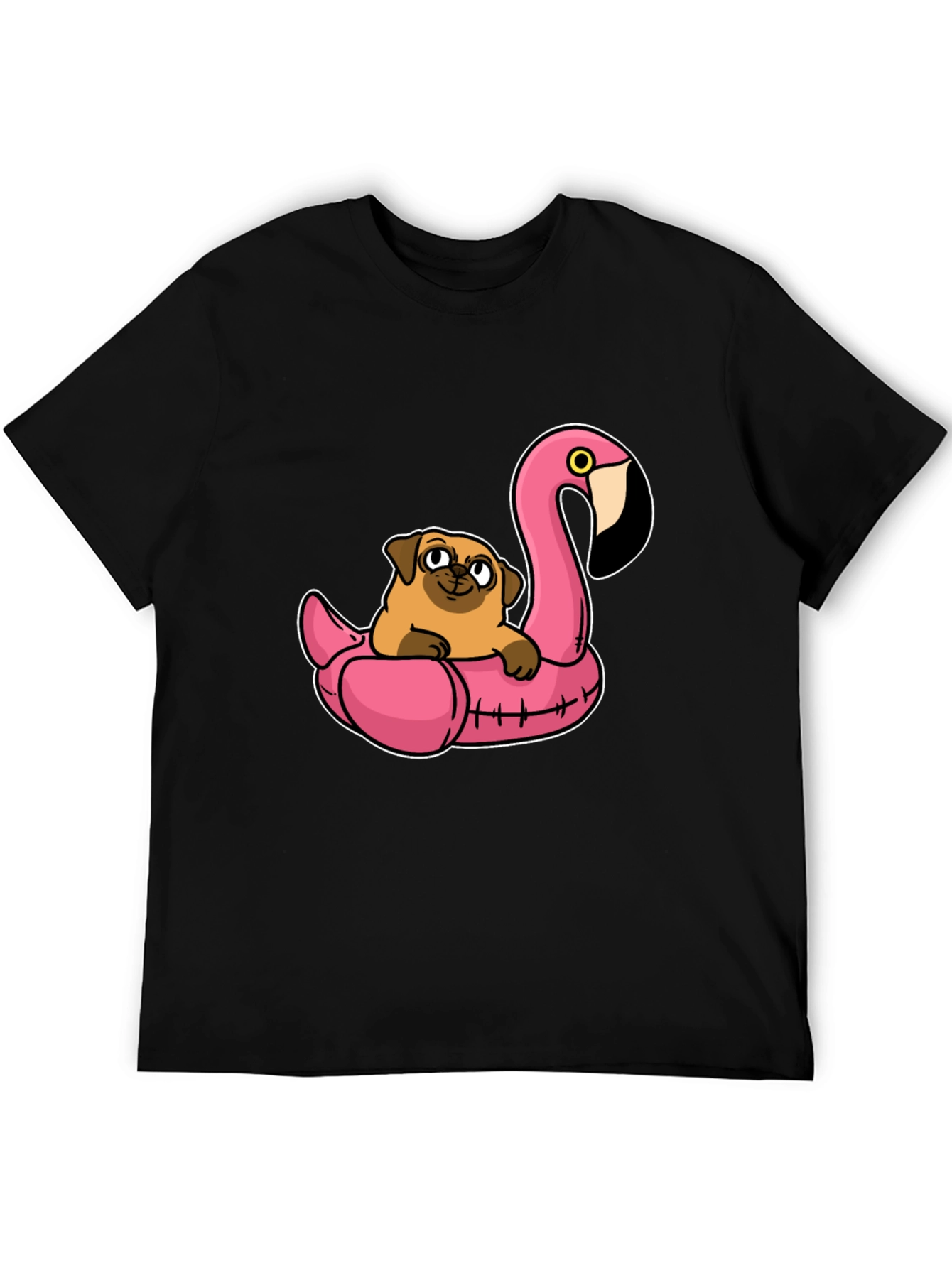 Black Pug on Flamingo Float T-Shirt view 5