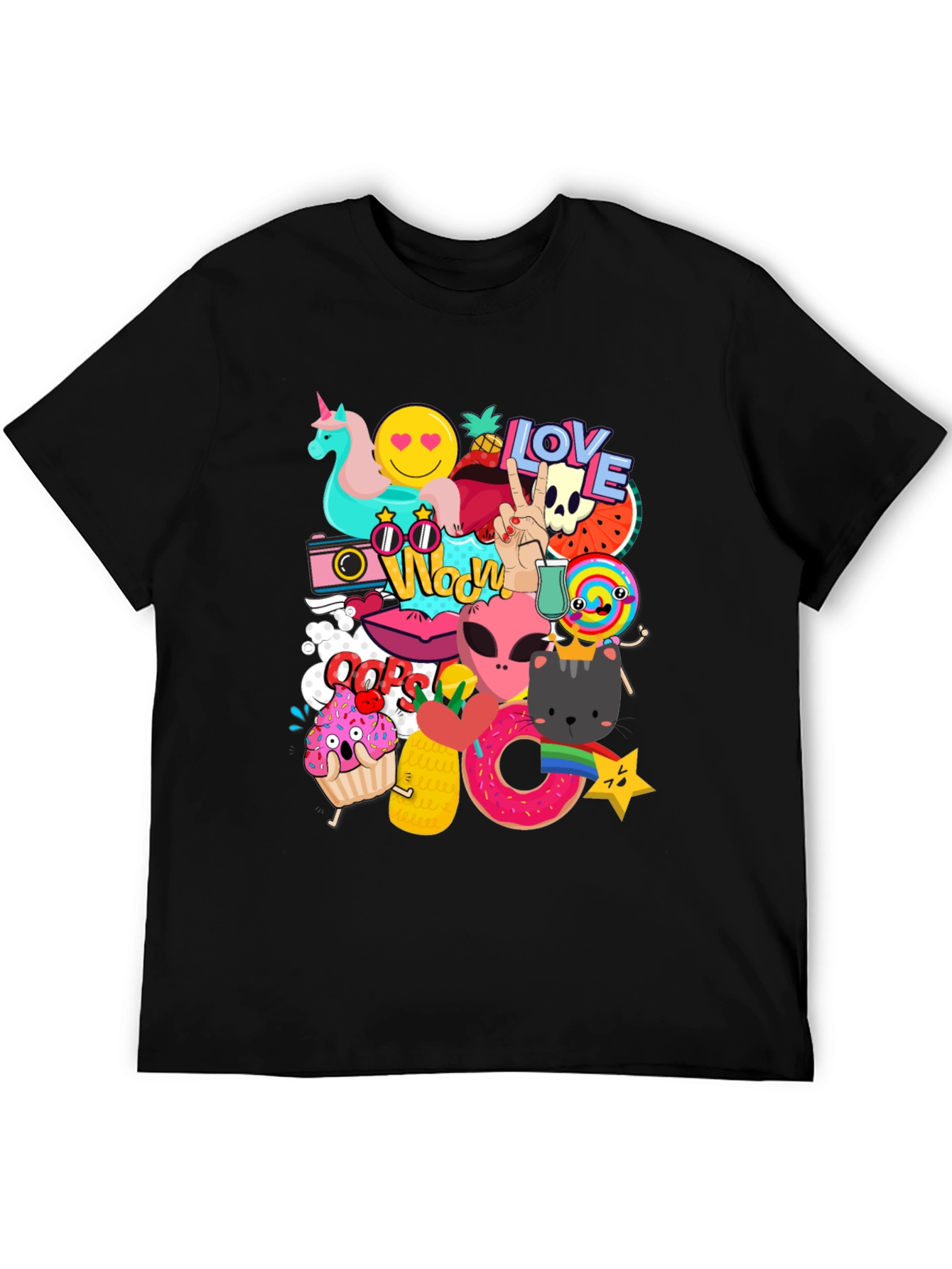 Black Funky Graphic Tee: Cartoon Sticker Bomb Design view 5