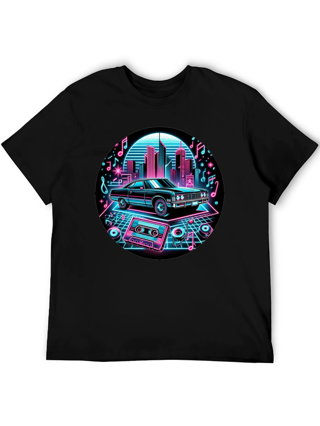 Black Retro Car T-Shirt - Neon Cityscape Design view 5