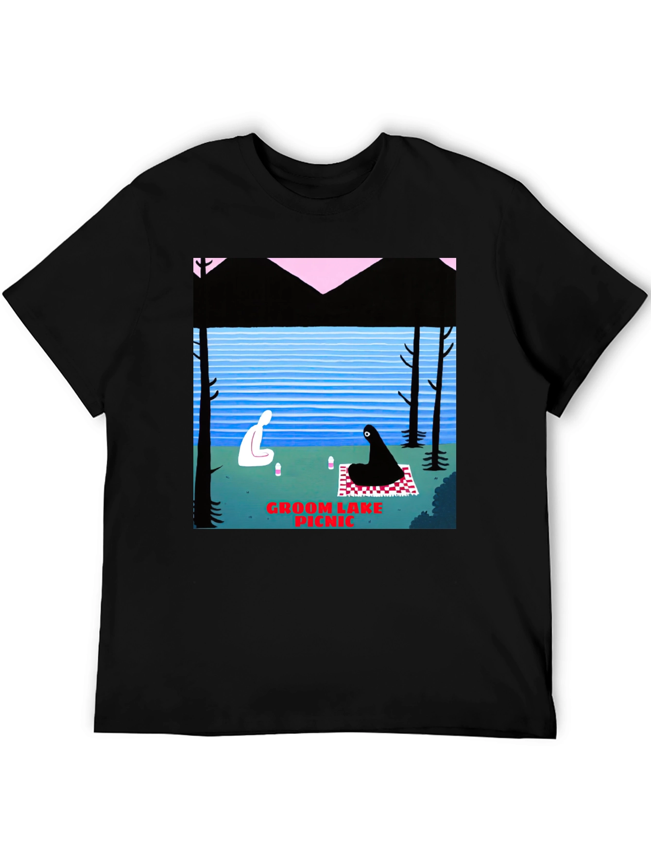 Black Groom Lake Picnic Graphic T-Shirt - Unique Art Tee view 5