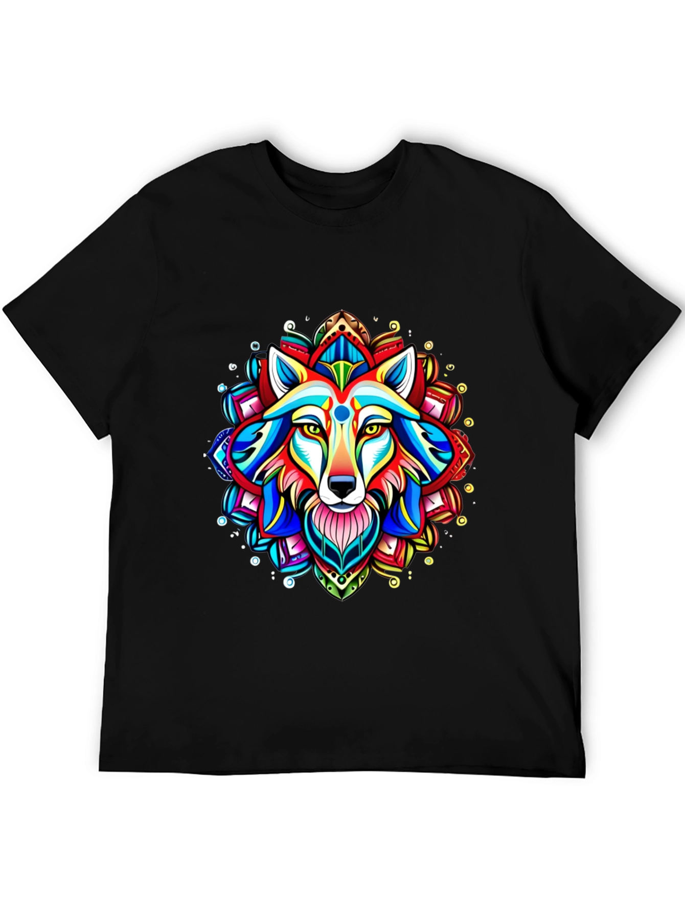 Black Vibrant Wolf Mandala Graphic Tee view 5