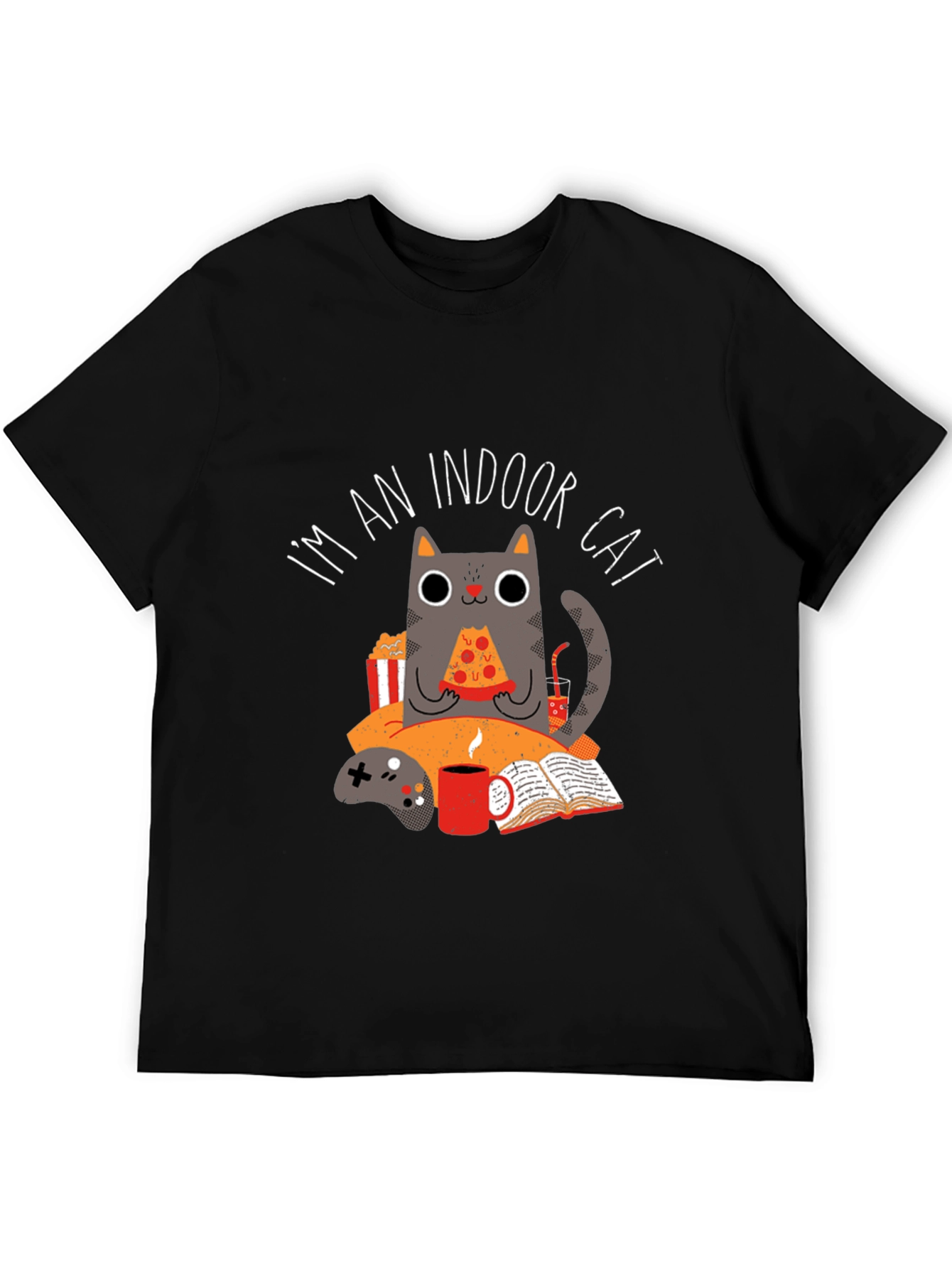 Black Indoor Cat T-Shirt - Gamer & Pizza Lover view 5