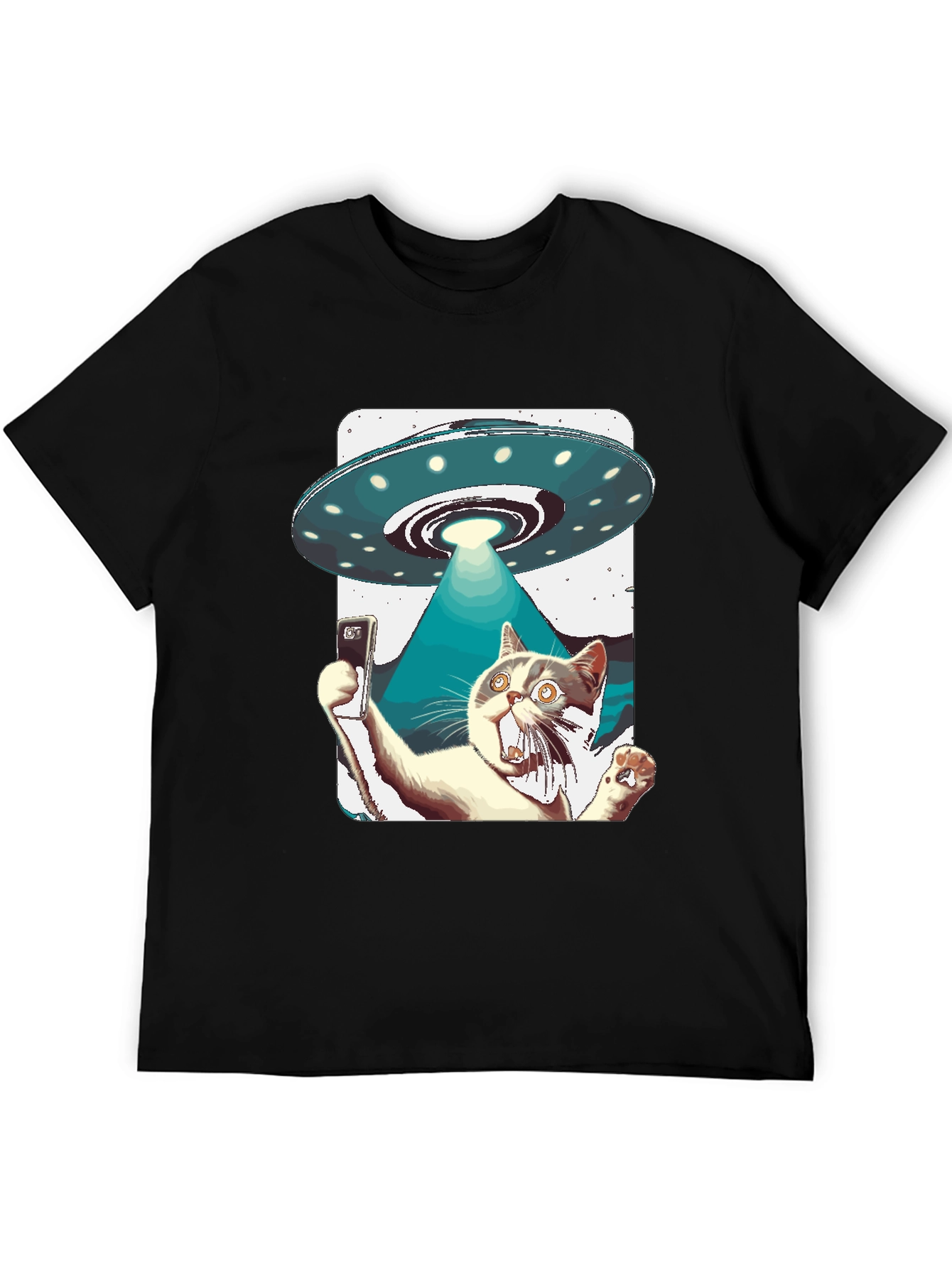Black Alien Abduction Cat Selfie T-Shirt view 5