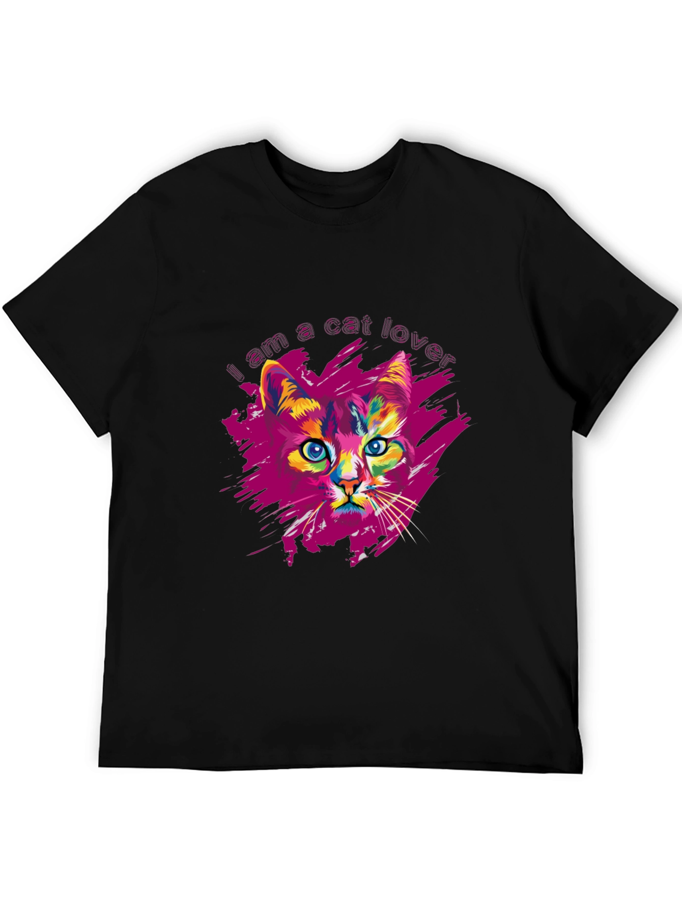 Black Vibrant Cat Lover Graphic Print Black T-Shirt view 5