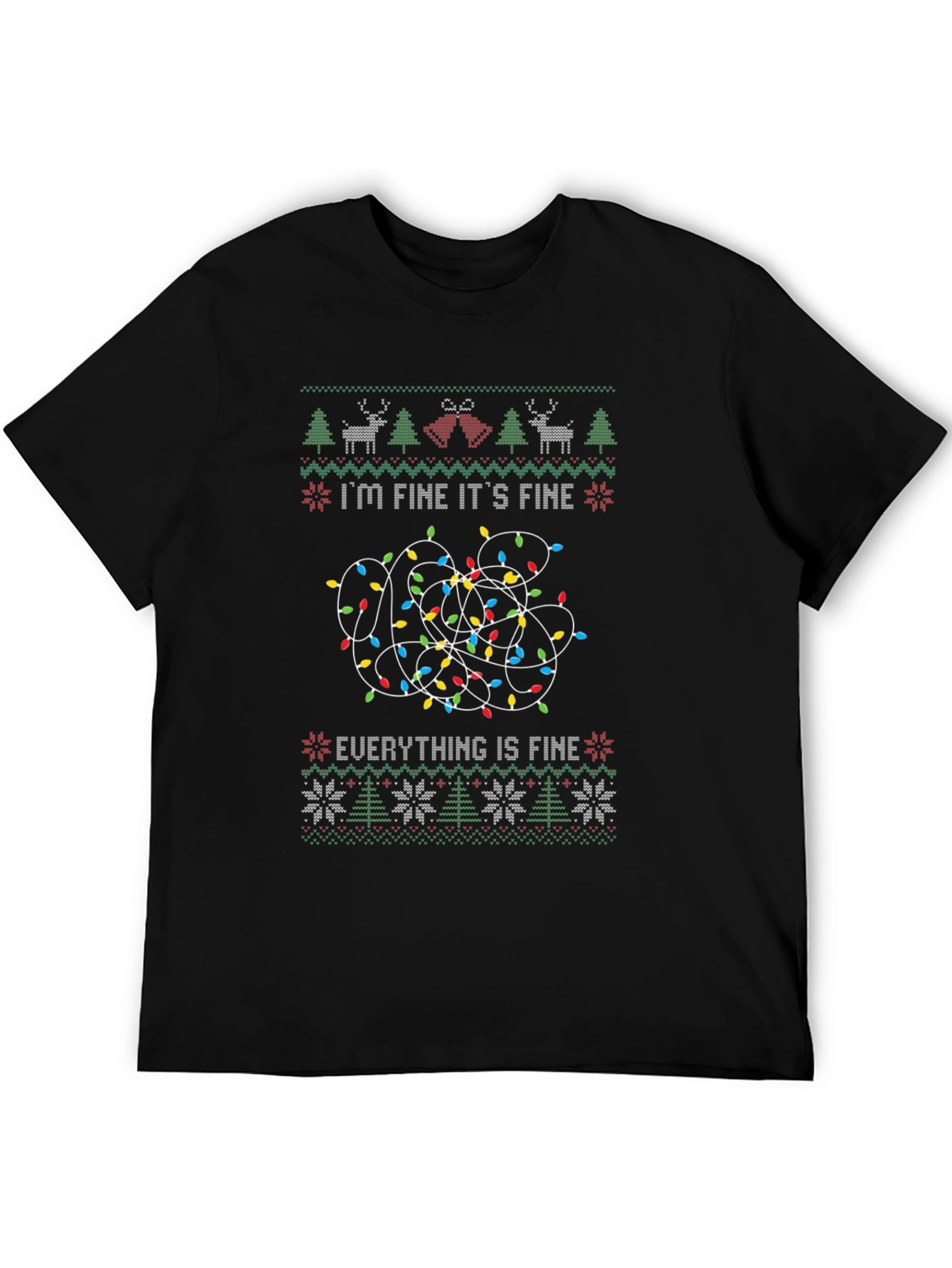 Black I'm Fine It's Fine Everything is Fine Christmas Lights Ugly Sweater T-Shirt view 5
