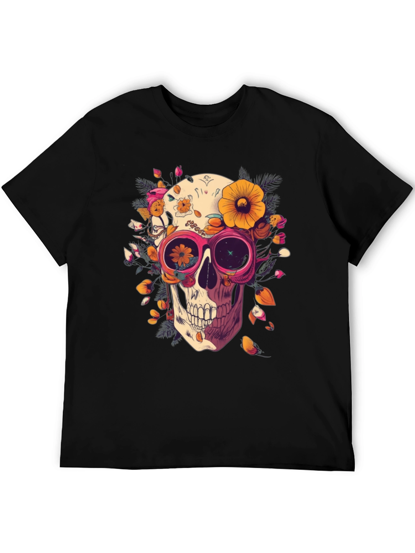Black Floral Skull Graphic Tee - Unique Unisex T-Shirt view 5