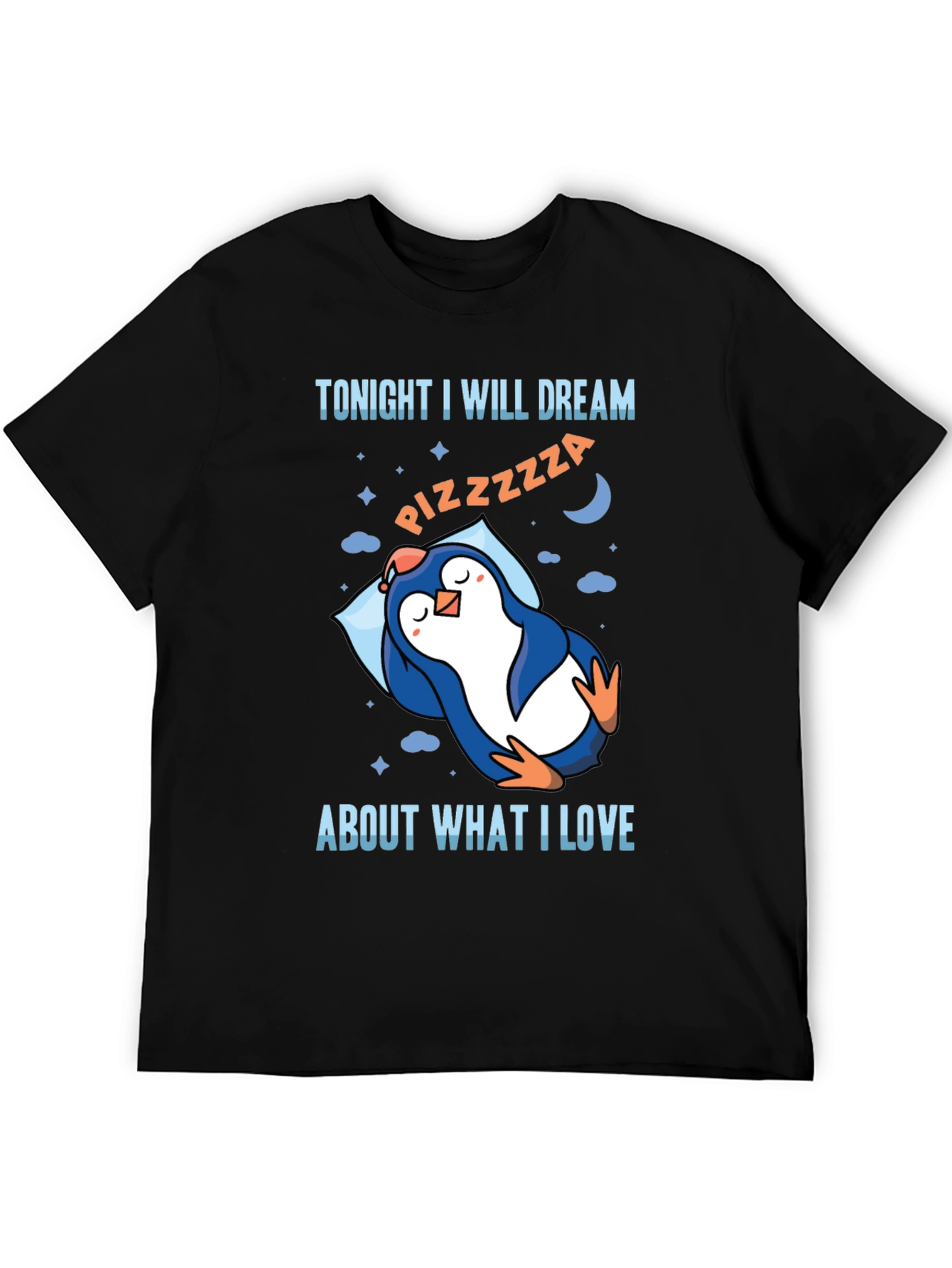 Black Pizza Dream Penguin T-Shirt -  Comfortable Crew Neck Tee view 5