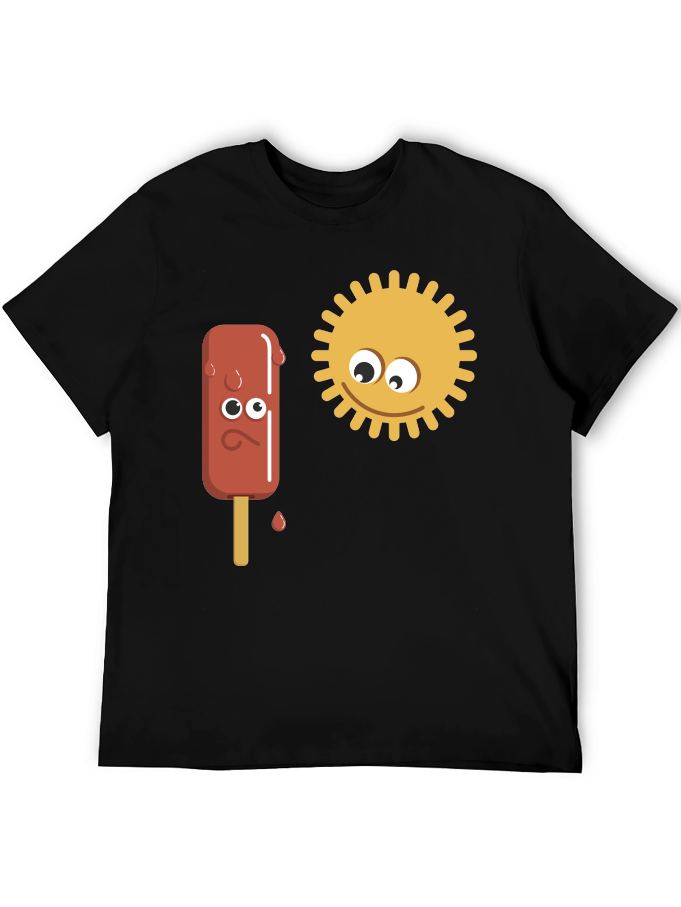 Black Funny Cartoon Sun & Ice Cream Men's Black T-Shirt view 5