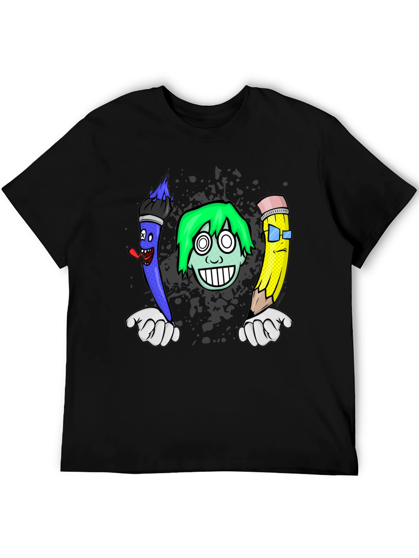 Black Cartoon Art T-Shirt: Brush, Pencil, & Character view 5