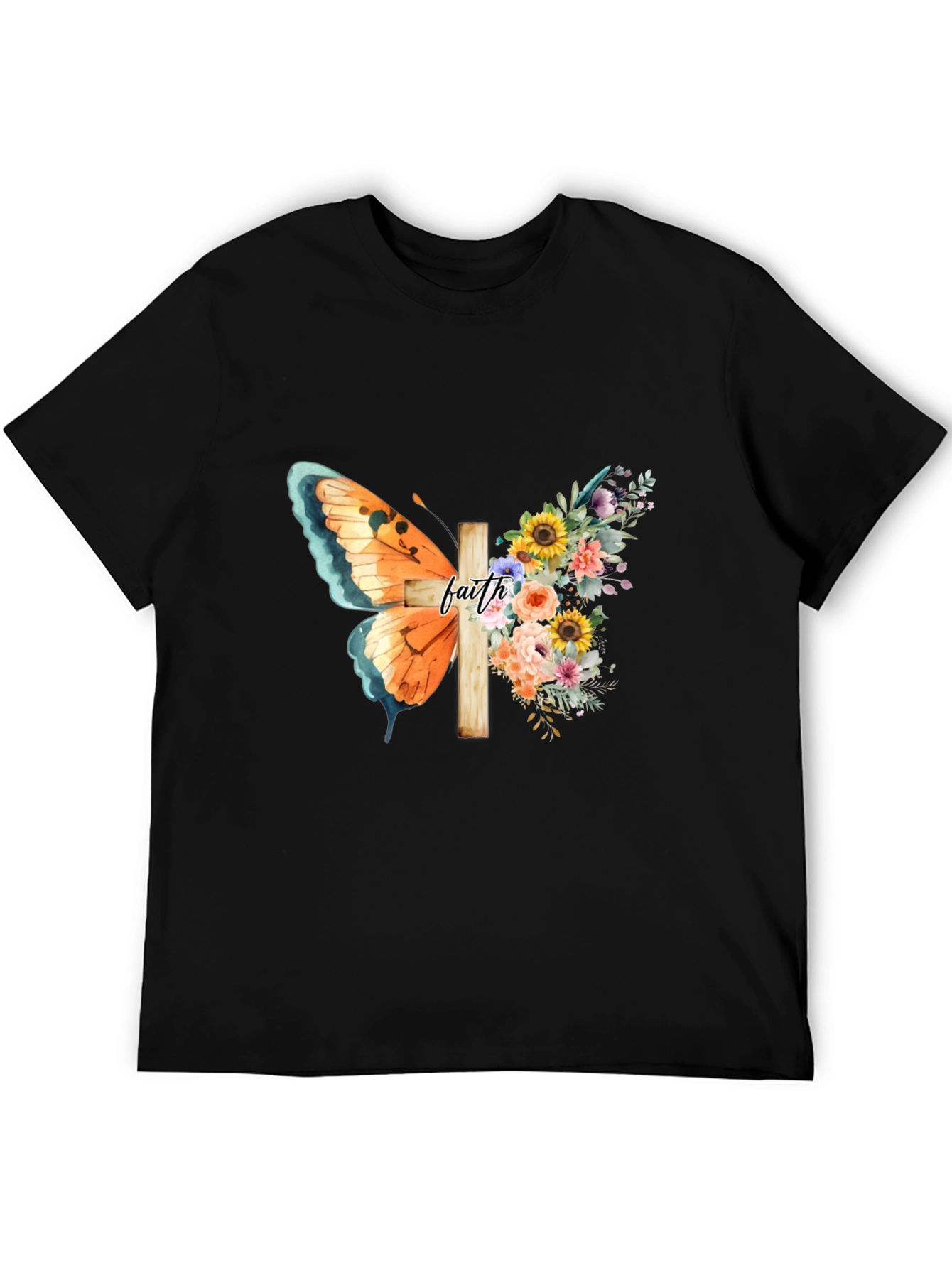 Black Faith Butterfly Floral Cross Graphic Tee view 5