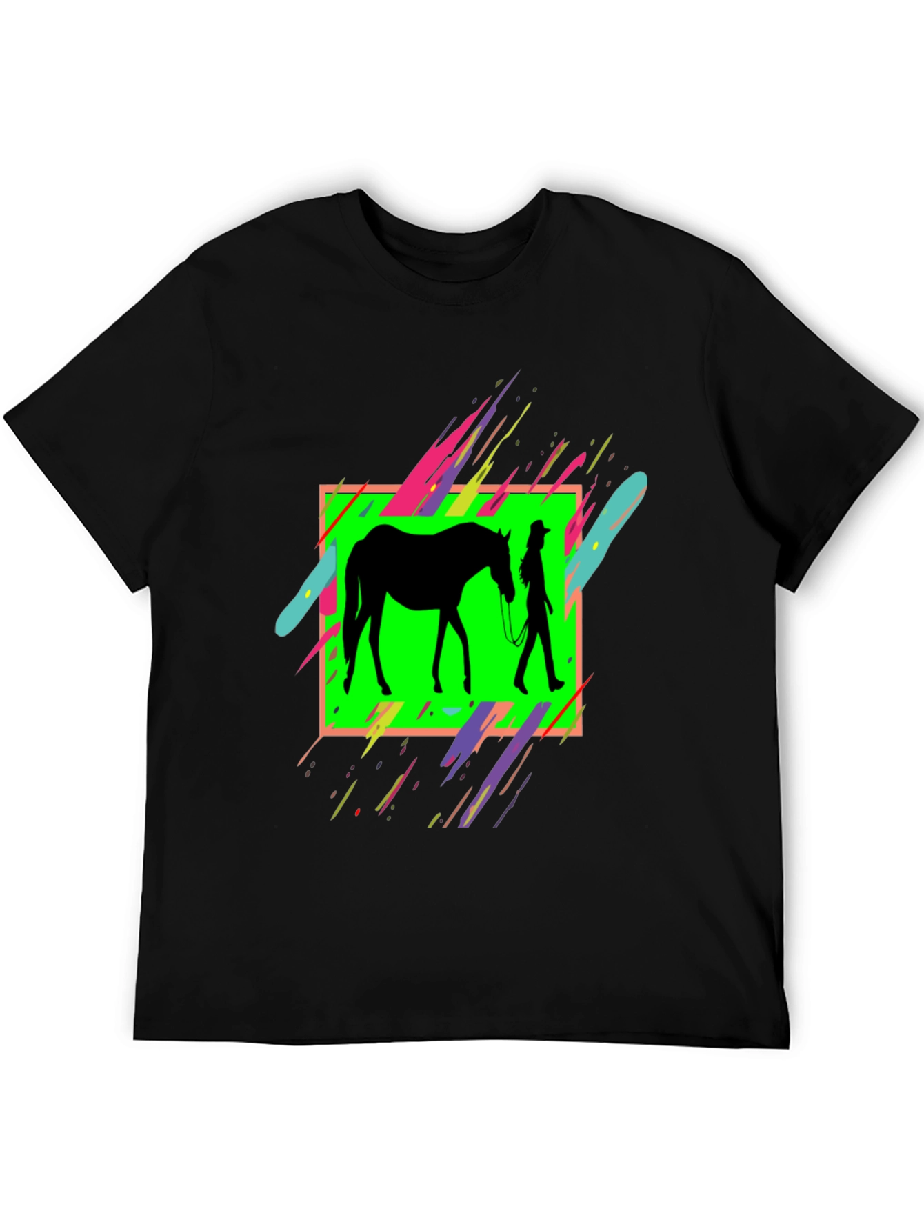 Black Horse & Rider Graphic Tee - Neon Silhouette Design view 5