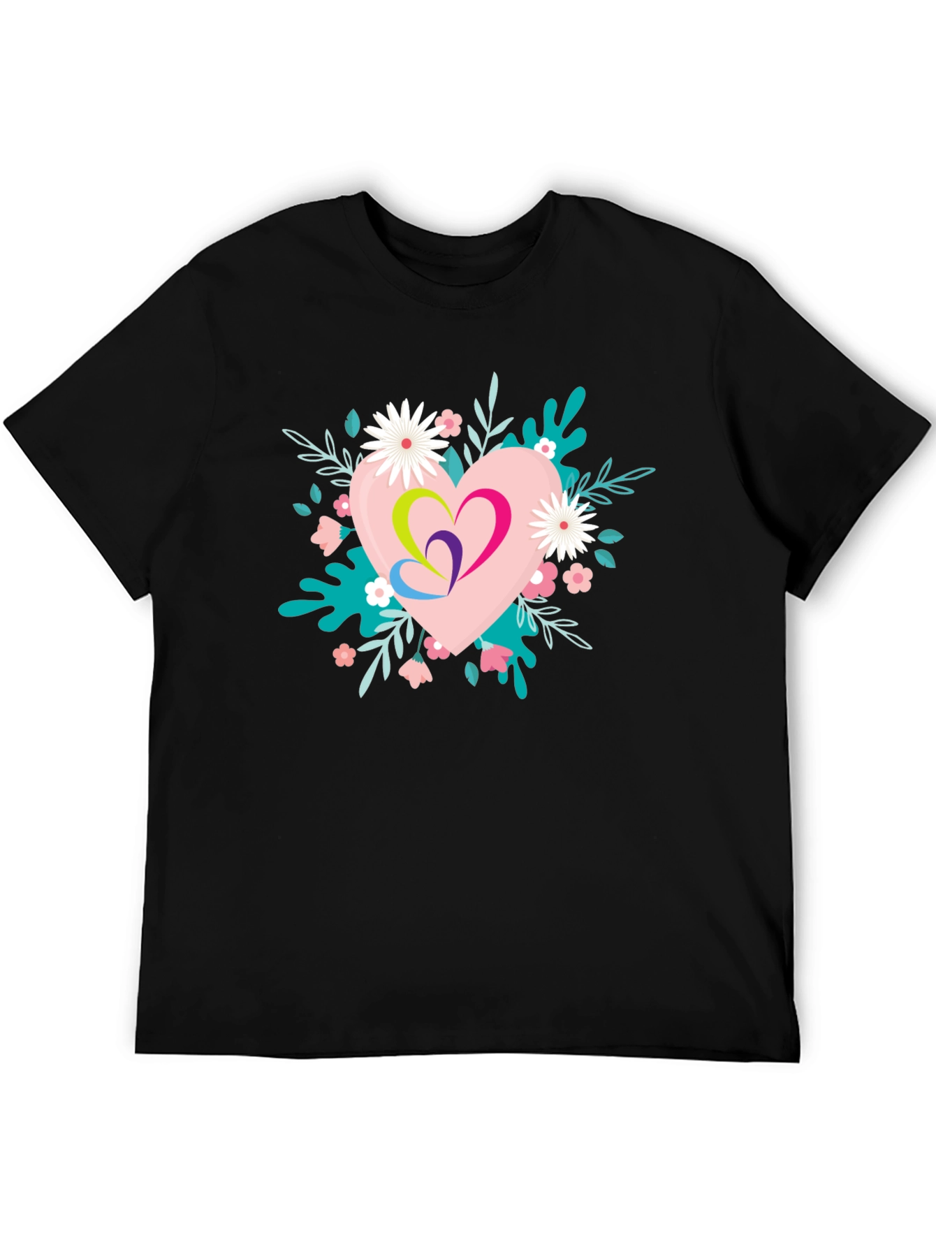 Black Floral Heart Graphic Black T-Shirt view 5