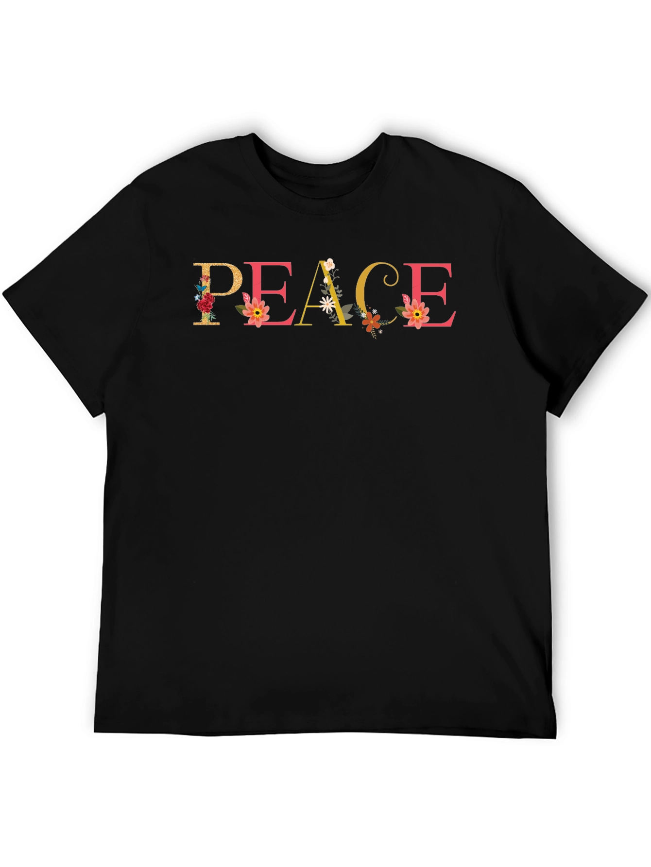 Black Floral Peace Graphic Tee - Black Crew Neck Shirt view 5