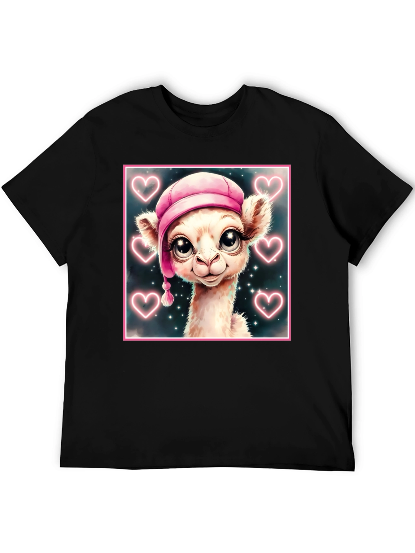 Black Cute Llama in Pink Hat - Graphic Tee view 5