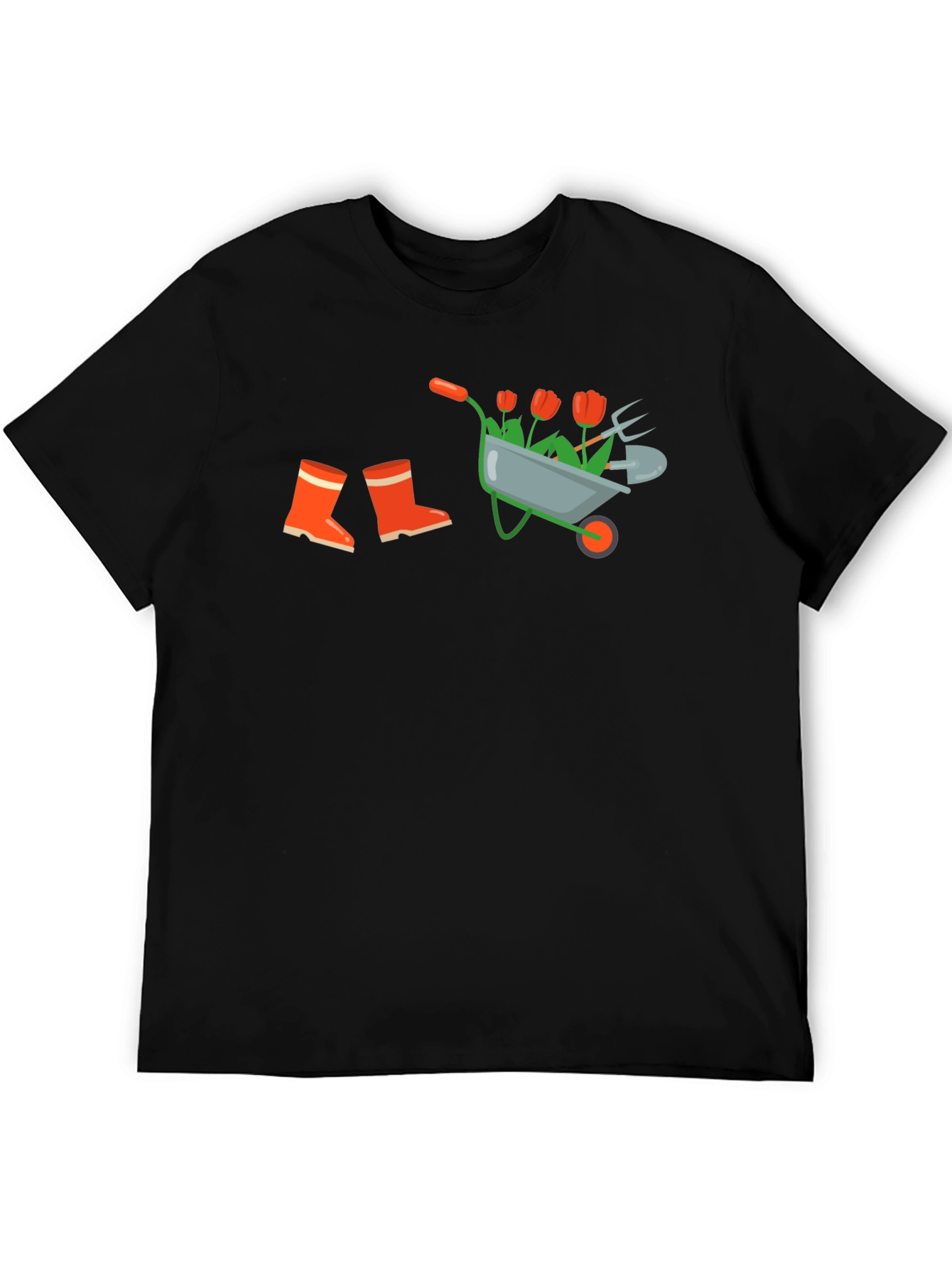Black Gardening T-Shirt: Wheelbarrow, Boots & Tools Design view 5